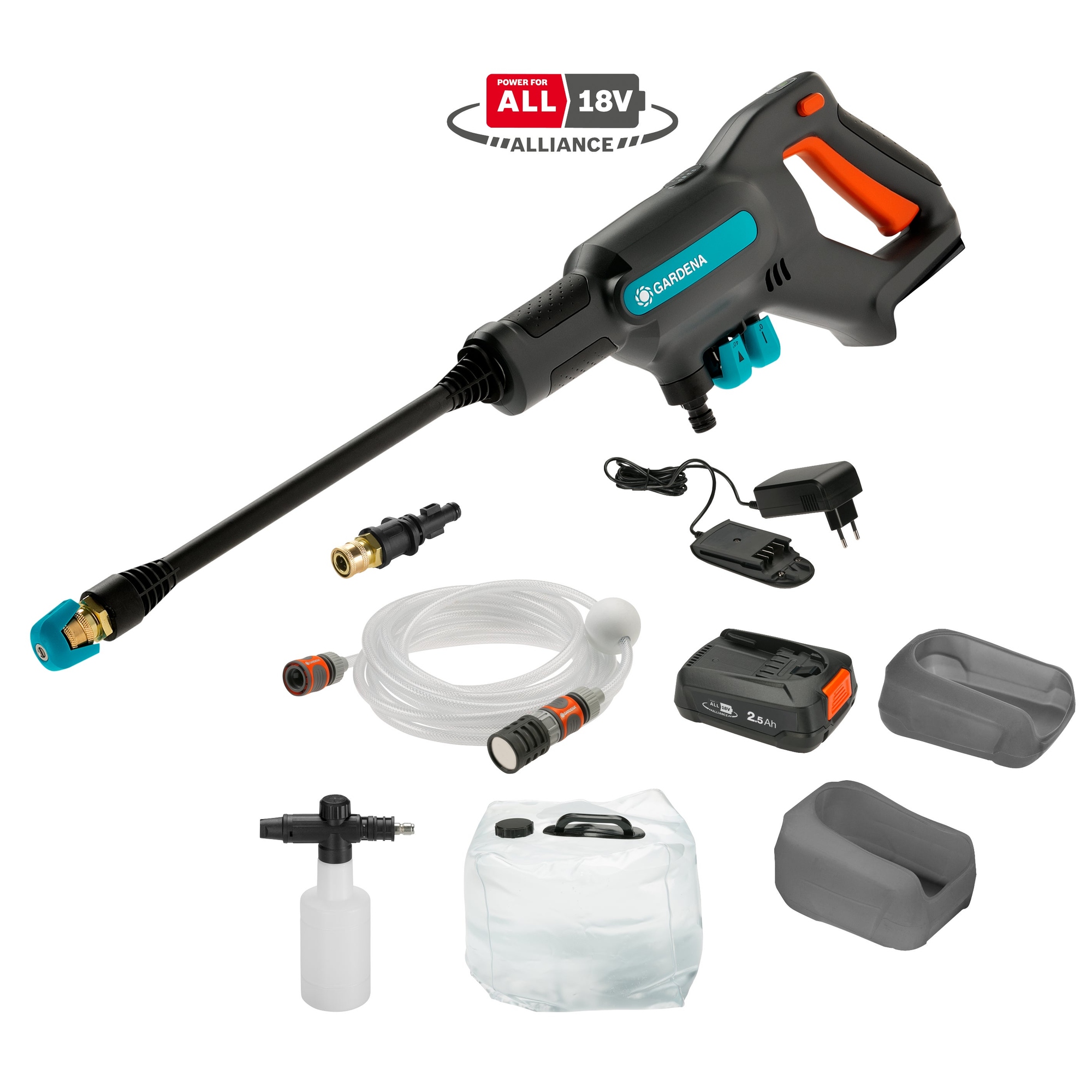 GARDENA Mitteldruckreiniger AquaClean 24/18V P4A Premium Set 8,2 x 20 x 78 cm (B x H x T) 9, 14, 24bar inkl. Schaumdüse, Wassertank (20 l), 3 Düsen, Saugschlauch (5 m), 1 kurze Lanze, 1 lange Lanze, Akku, Ladegerät 2,2kg
