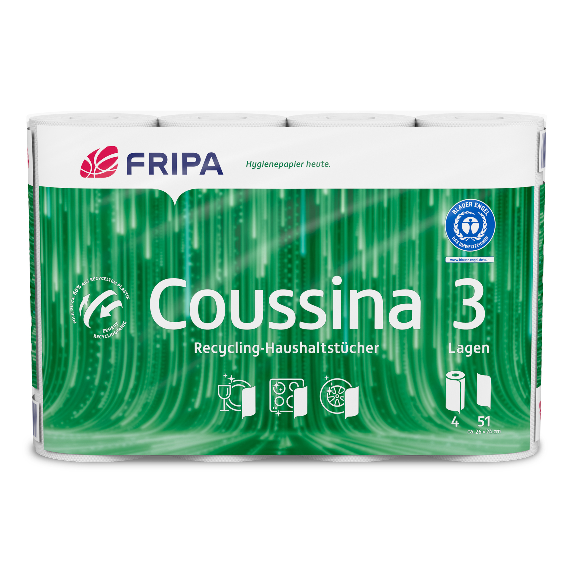 Fripa Küchenrolle Coussina 3-lagig 100 % Recyclingqualität weiß 4 Rl./Pack.