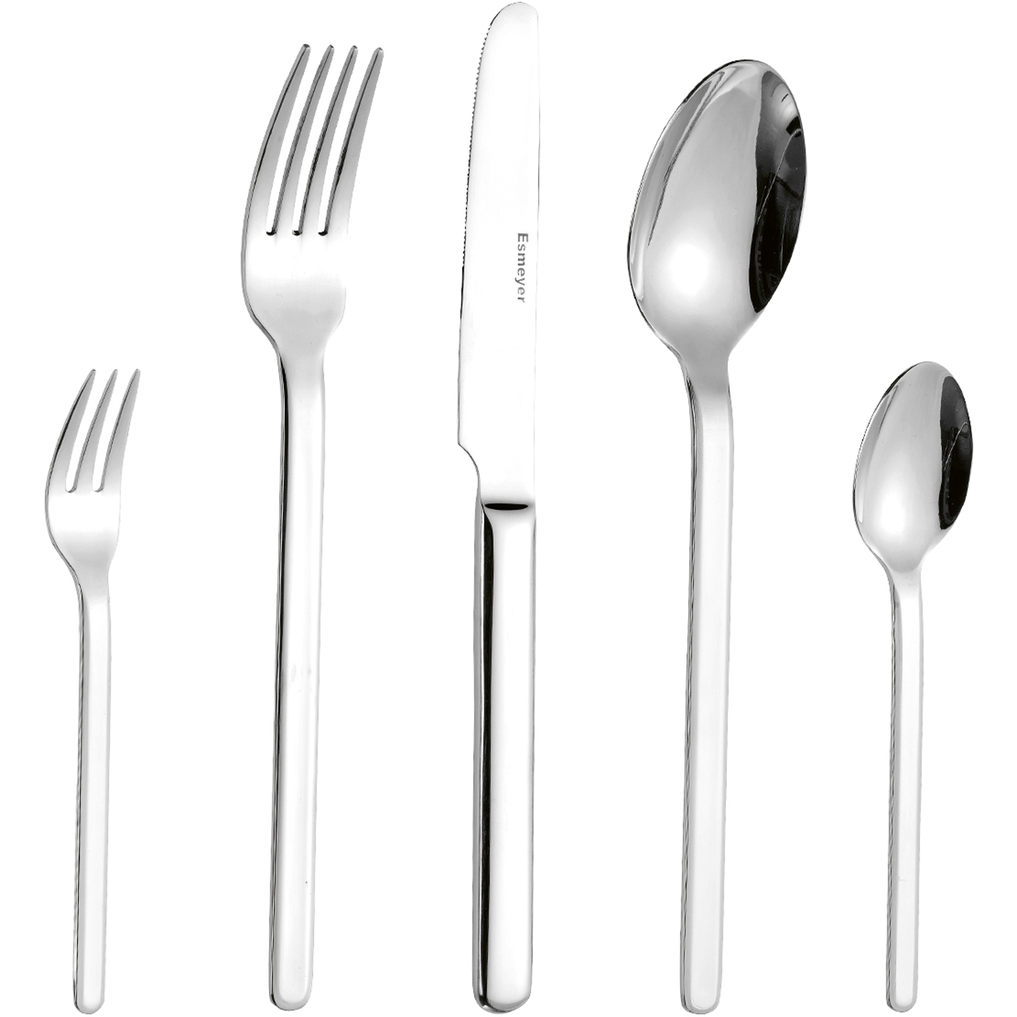 Esmeyer® Besteckgarnitur BETTINA Mehrweg 36 x Menümesser, Menülöffel, Menügabel, Kaffeelöffel, Kuchengabel, 1 x Besteckbehälter Edelstahl 18/10, hochglanz-poliert silber