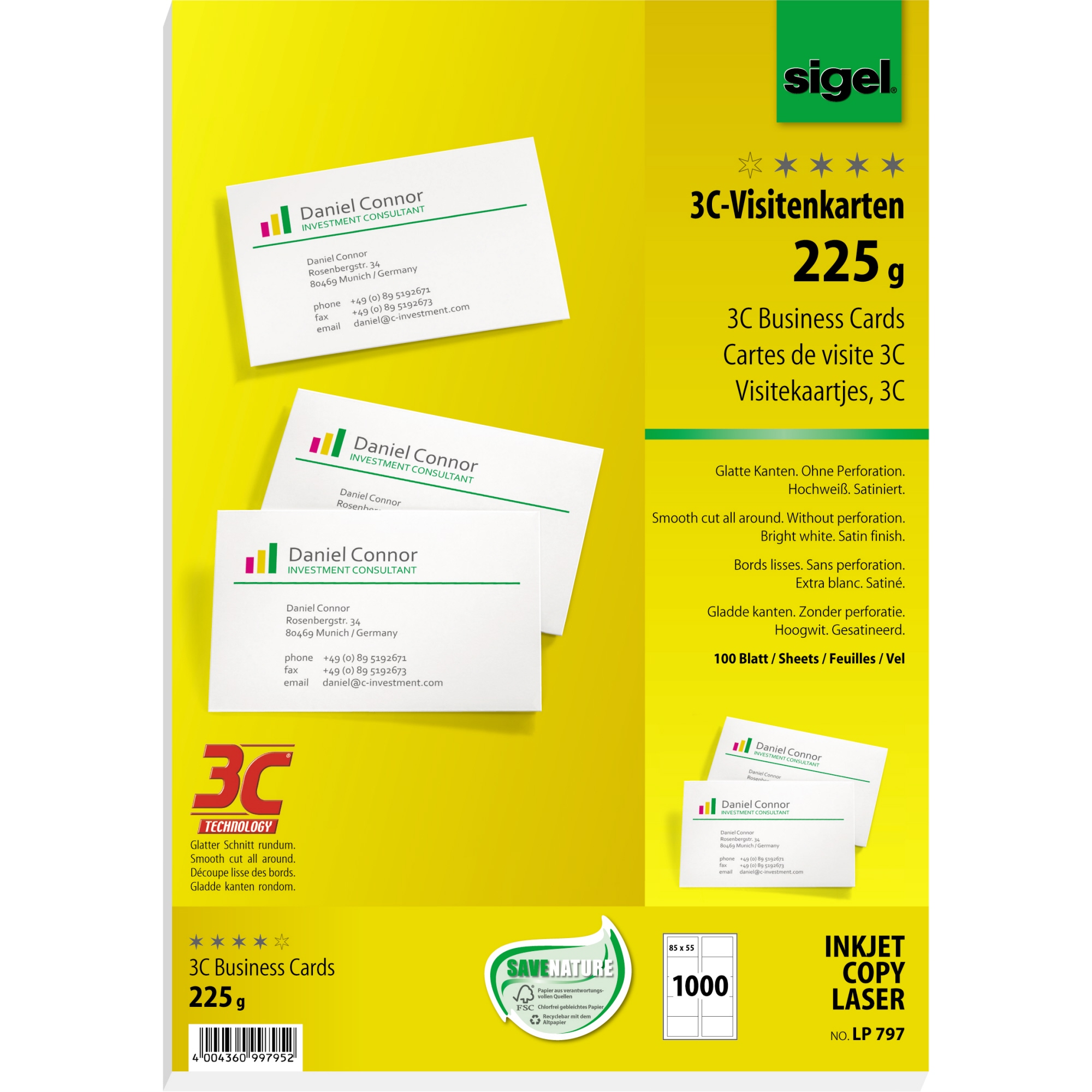 SIGEL Visitenkarte DIN A4 225g/m² hochweiß 100 Bl./Pack. 1.000 St./Pack.