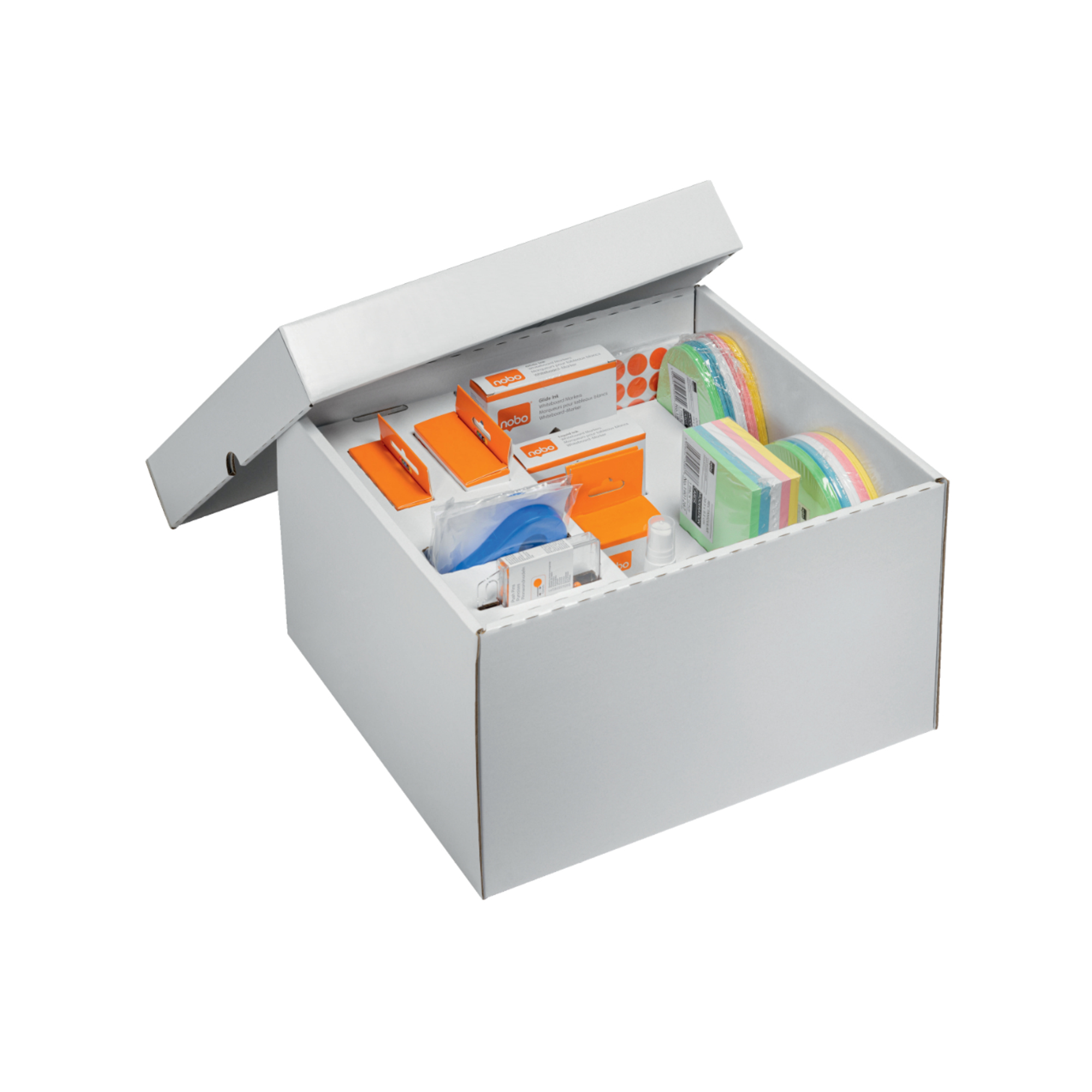 Nobo® Starterset Whiteboard Move & Meet Teamwork 14 Whiteboardmarker (farbig), 10 Magnete (Ø 32 mm farbig), 10 Magnete (Ø 24 mm farbig), 2 Tafelwischer, 1 Reinigungsspray, 2 Rasterbänder, 100 Pinnnadeln, 750 Moderationskarten (farbig), 1.040 Klebepunkte