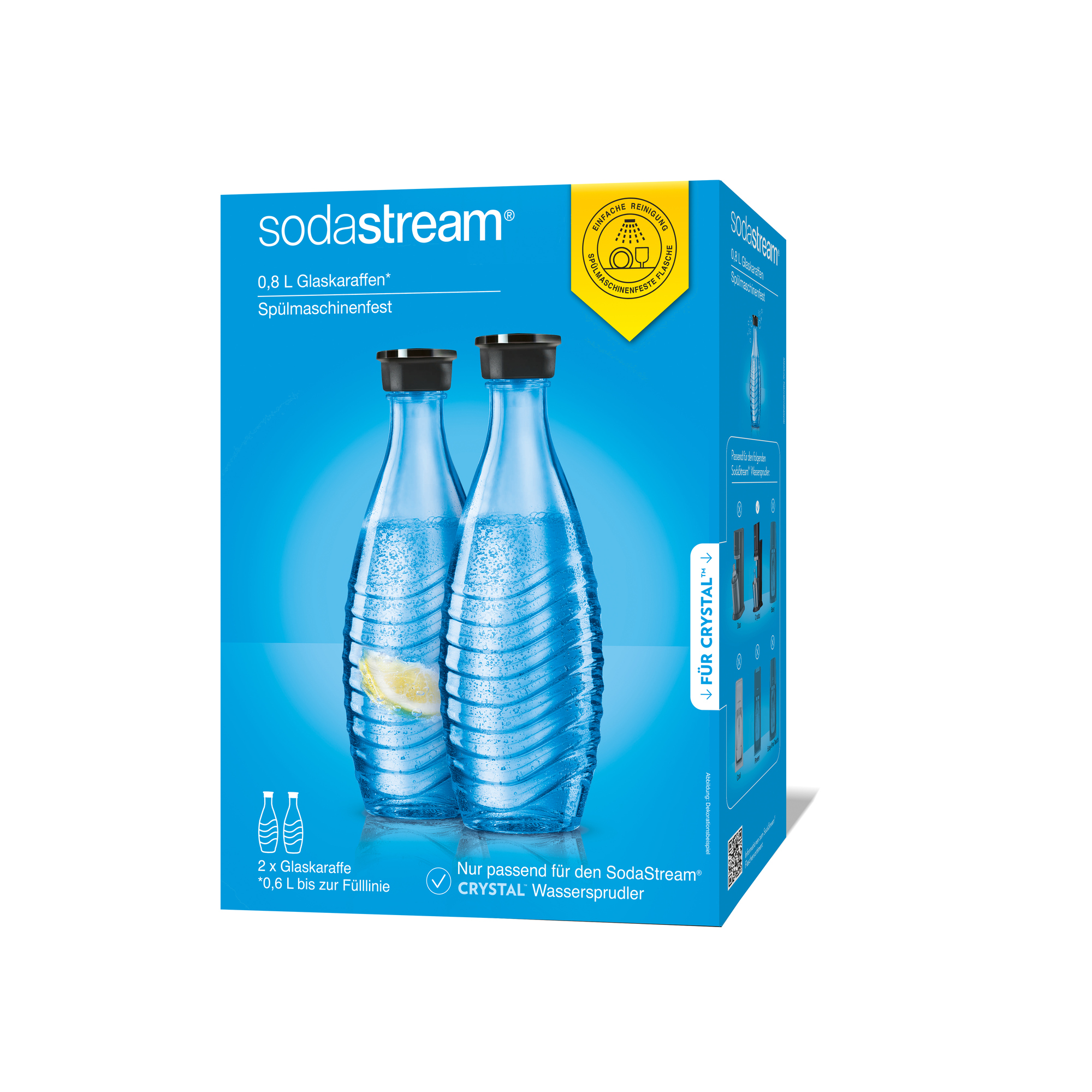 sodastream Sprudlerflaschen SODASTREAM Wassersprudler Crystal 2.0 0,8 l, Fülllinie 0,615l spülmaschinenfest Glas 2 St./Pack.