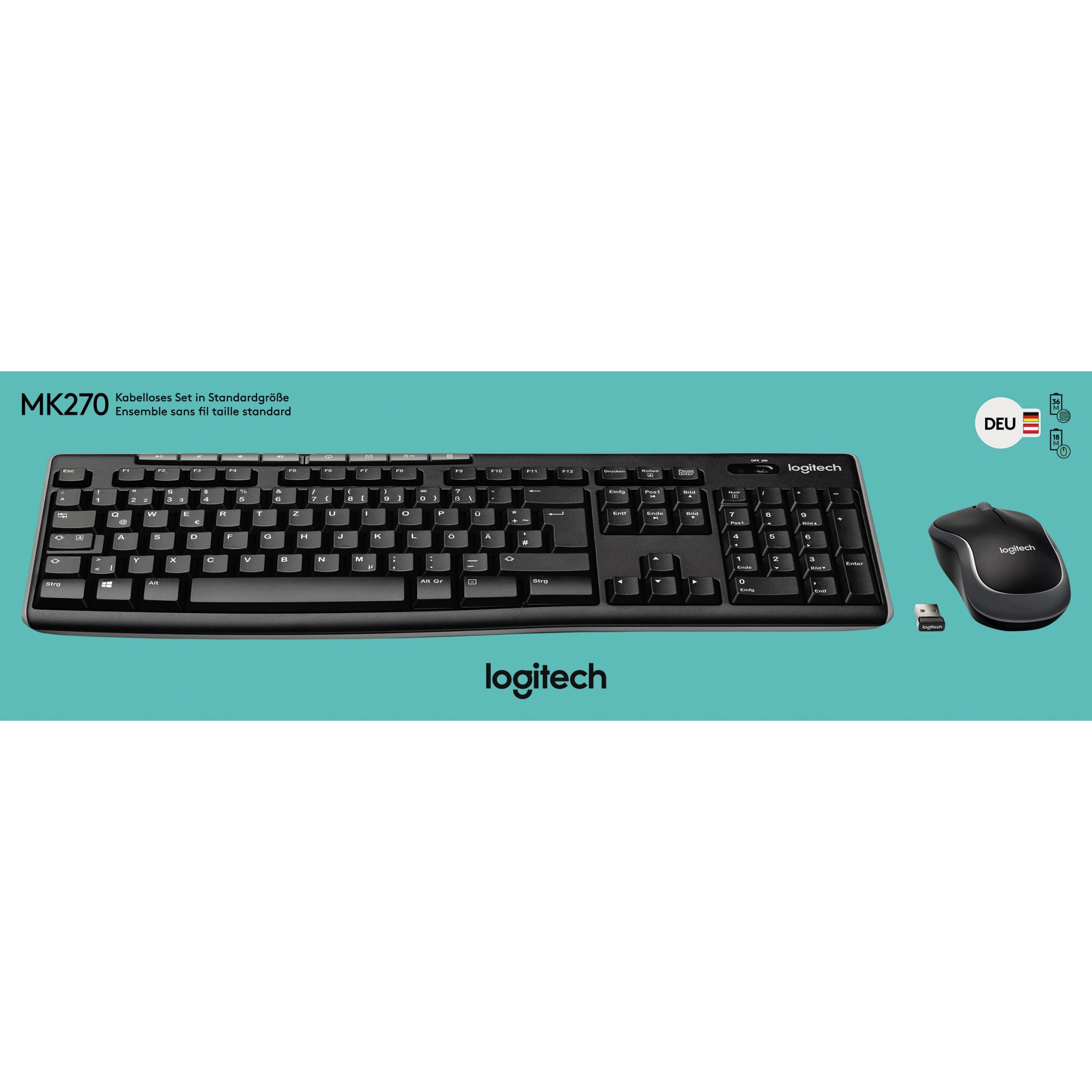 Logitech Tastatur-Maus-Set MK270 QWERTZ Windows® universell USB-A bis 10m inkl. Nano-USB-Empfänger, USB-Verlängerungskabel schwarz
