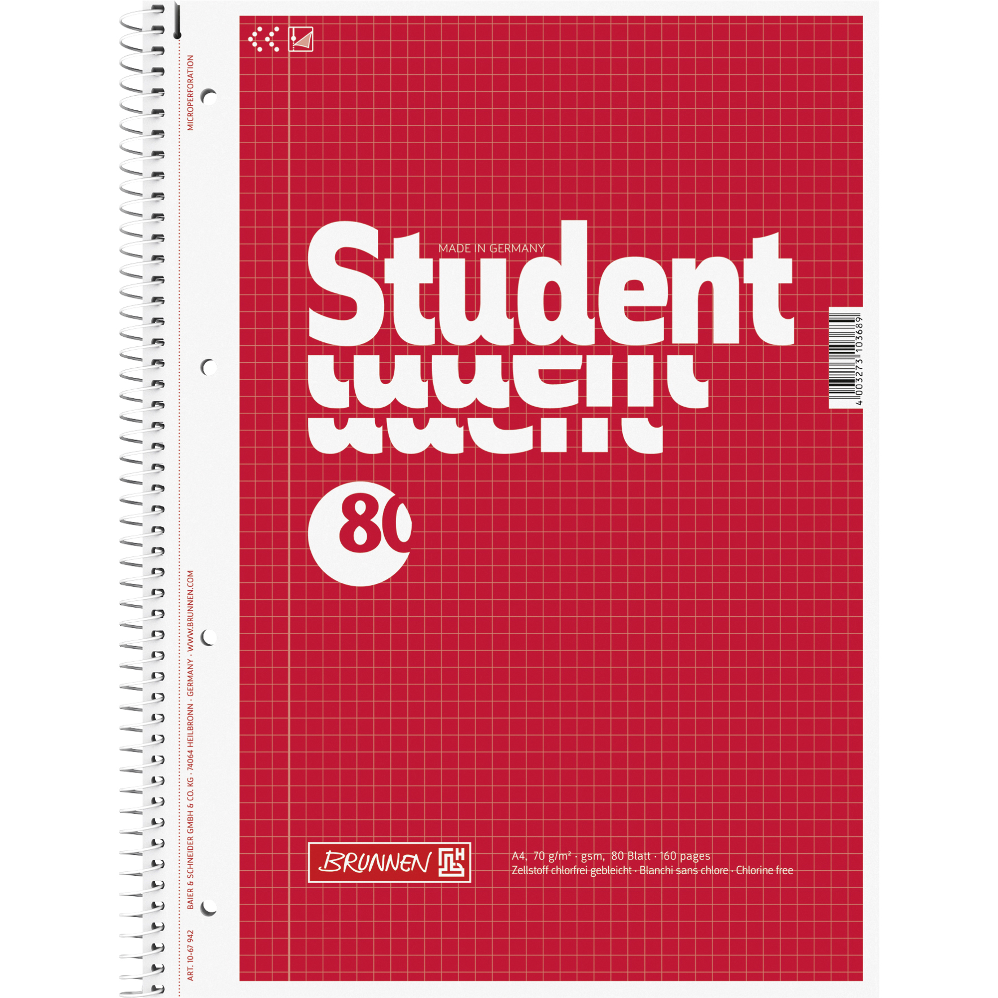 BRUNNEN Collegeblock Student DIN A4 kariert mit Rand innen 70g/m² Karton rot 80 Bl.