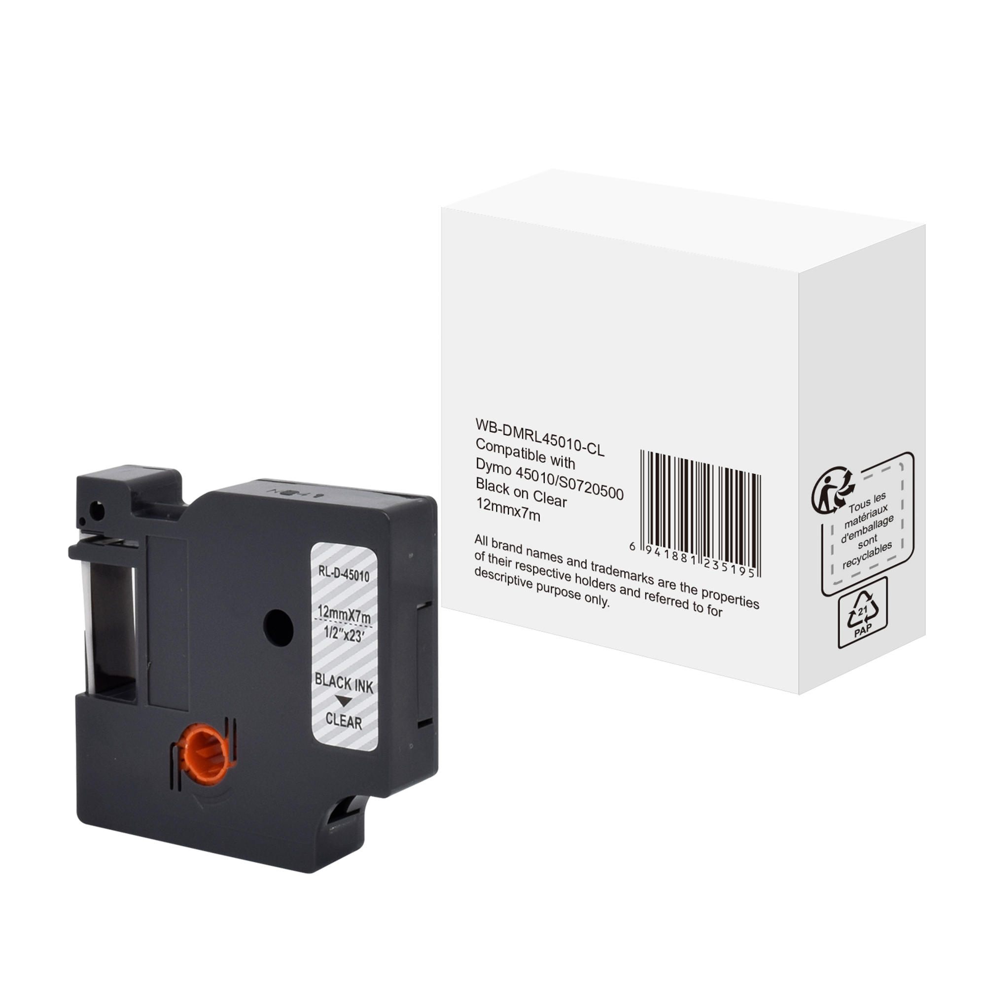 Schriftbandkassette DYMO S0720500 12 mm x 7 m (B x L) transparent schwarz