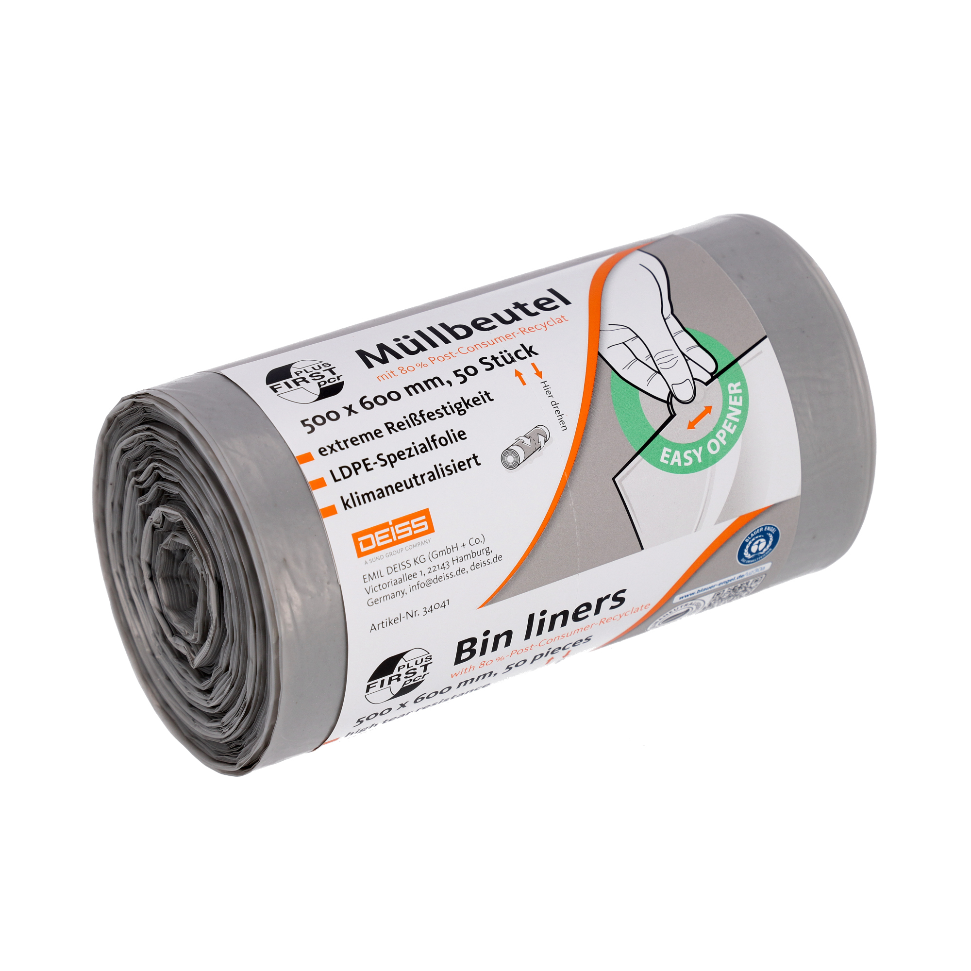 FIRST PLUS Müllbeutel 50 x 60 cm (B x H) 30l LDPE, 80 % recycelt grau 50 St./Pack.