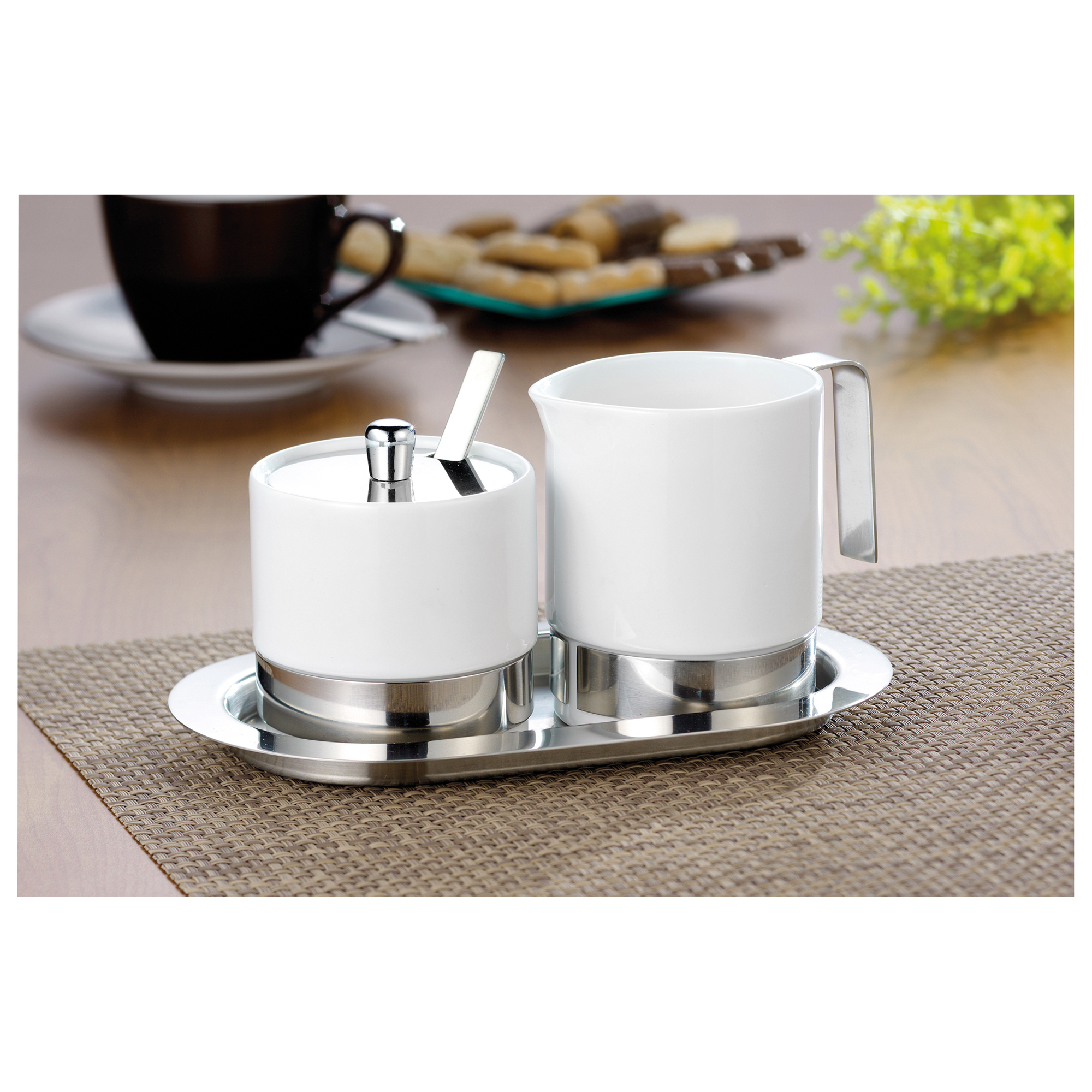 Esmeyer® Zucker-Milchset ADAM ca. 20 x 11,5 cm (B x H) inkl. Sahnegießer 0,25 l, Zuckerdose 0,2 l, Deckel, Löffel, Serviertablett Porzellan/Edelstahl weiß 5 St./Pack.