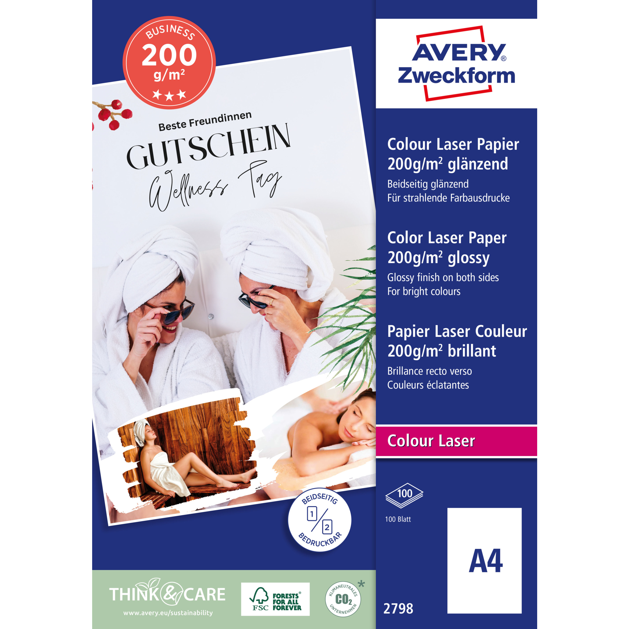 Avery Zweckform Farblaserpapier Business DIN A4 200g/m² chlorfrei gebleicht weiß 100 Bl./Pack.