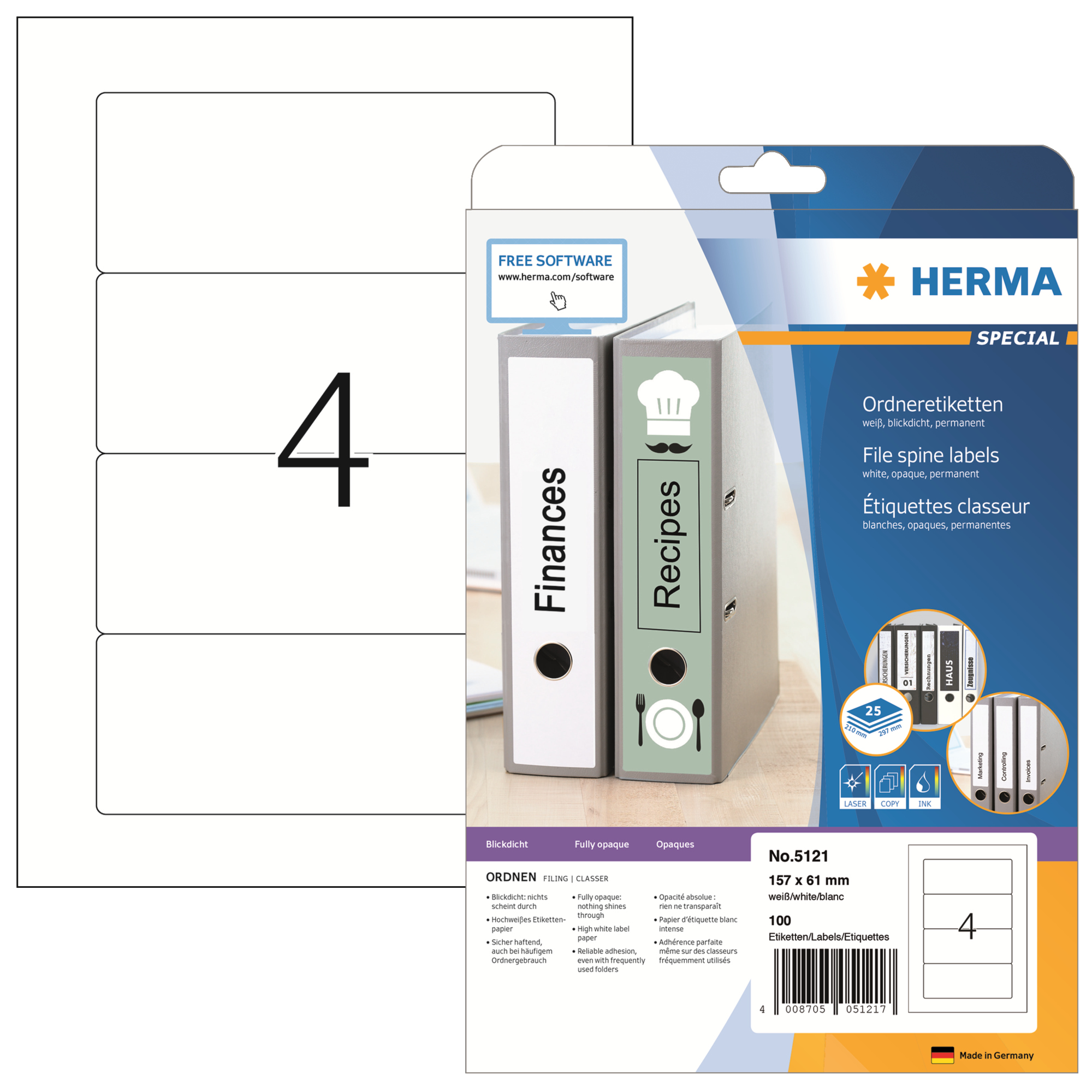 HERMA Ordnerrückenetikett breit/kurz 61 x 157 mm (B x H) selbstklebend ohne Griffloch weiß 100 Etik./Pack.