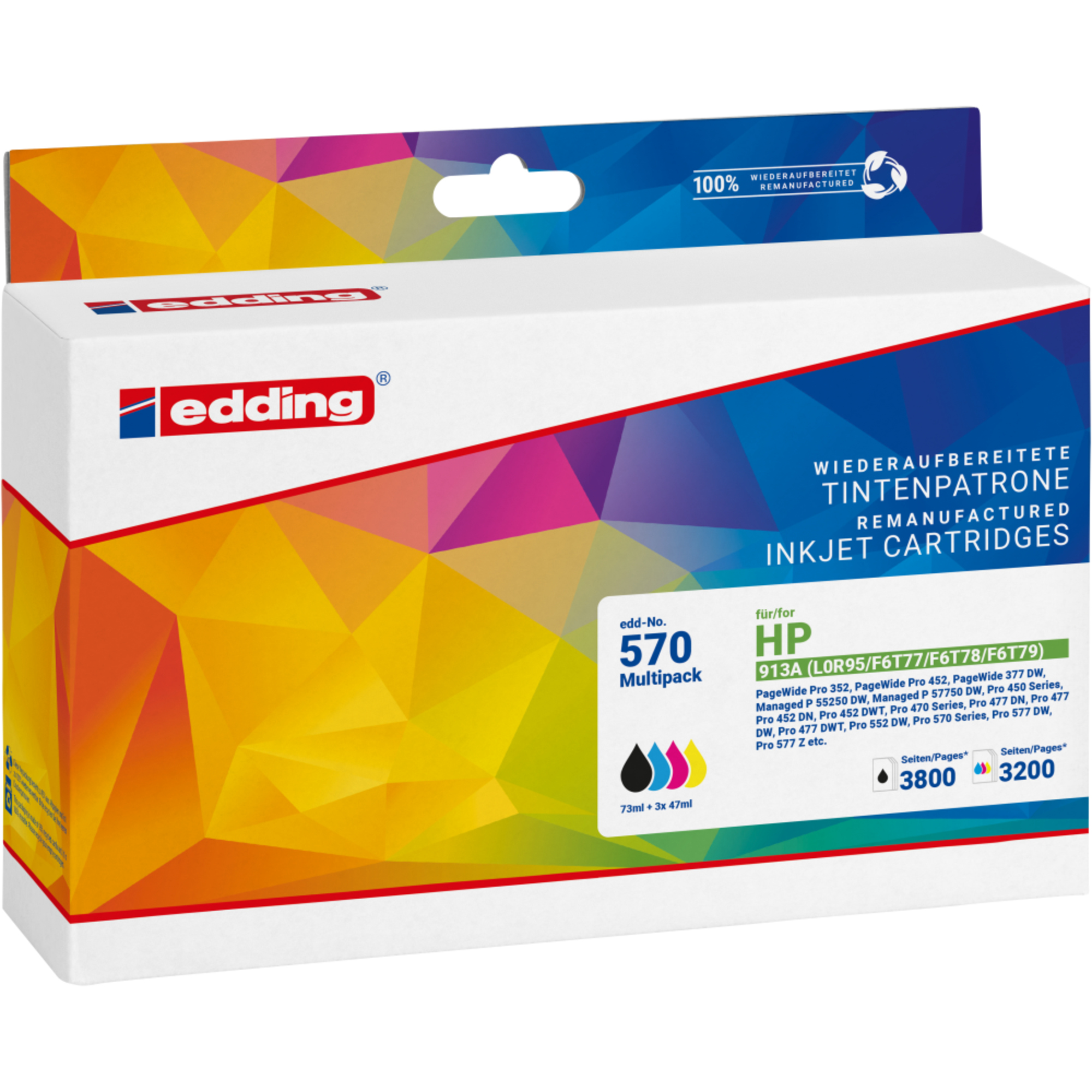 edding Tintenpatrone kein Originalzubehör Kompatibel mit: HP 913A EDD-570 ca. 3.800 Seiten schwarz, ca. 3.200 Seiten farbig schwarz, mehrfarbig 4 St./Pack.