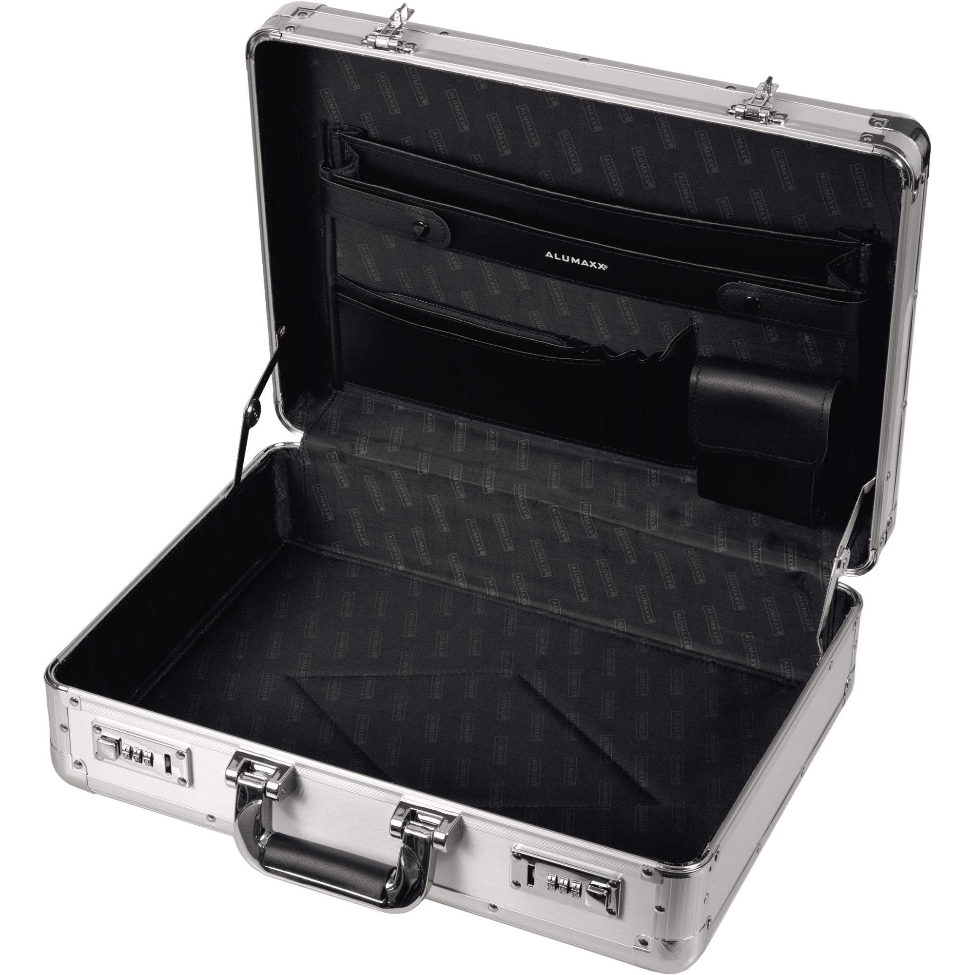 ALUMAXX® Aktenkoffer TAURUS 44 x 32 x 11 cm (B x H x T) 46 x 35 x 16 cm (B x H x T) Zahlenkombinationsschloss abnehmbarer Tasche, zwei Fächern für Visitenkarten, Reißverschlussfach, zwei Einsteckfächern für A4 Dokumente, mit verstärkten Kanten Aluminium