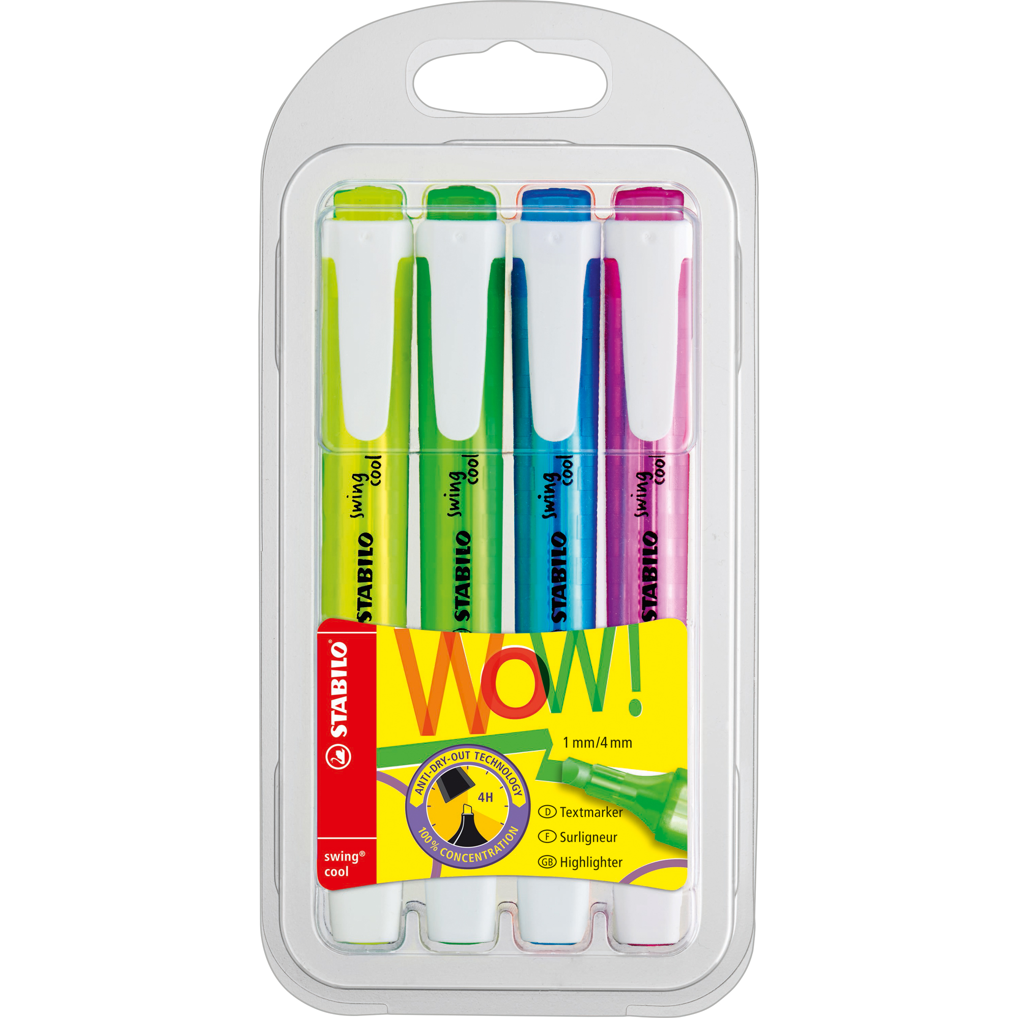 STABILO® Textmarker swing® cool 1-4mm farbig sortiert Keilspitze 4 St./Pack.