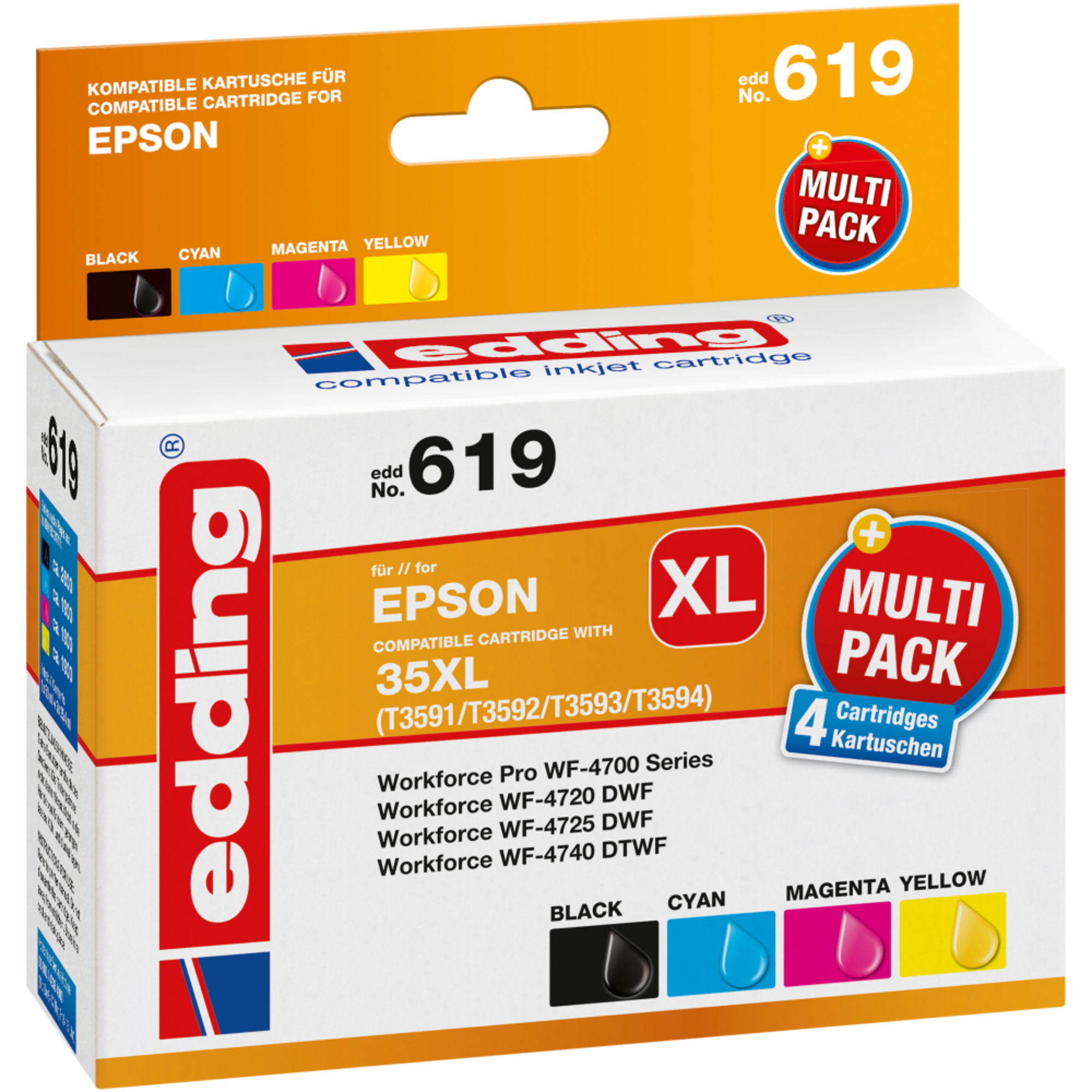 edding Tintenpatrone kein Originalzubehör Kompatibel mit: Epson 35XL EDD-619 ca. 2.600 Seiten schwarz, ca. 3 x 1.900 Seiten farbig schwarz, mehrfarbig 4 St./Pack.