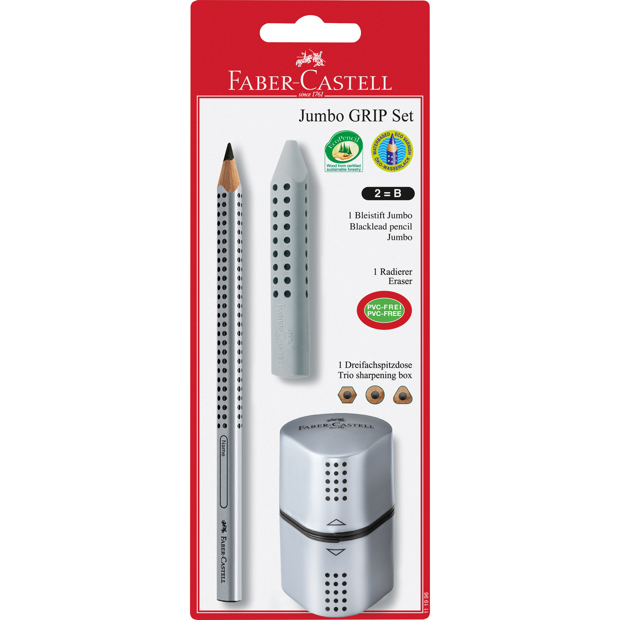 Faber-Castell Bleistiftset Jumbo GRIP 1 x Bleistift Jumbo GRIP, 1 x Spitzdose GRIP, 1 x Radierer GRIP B silber