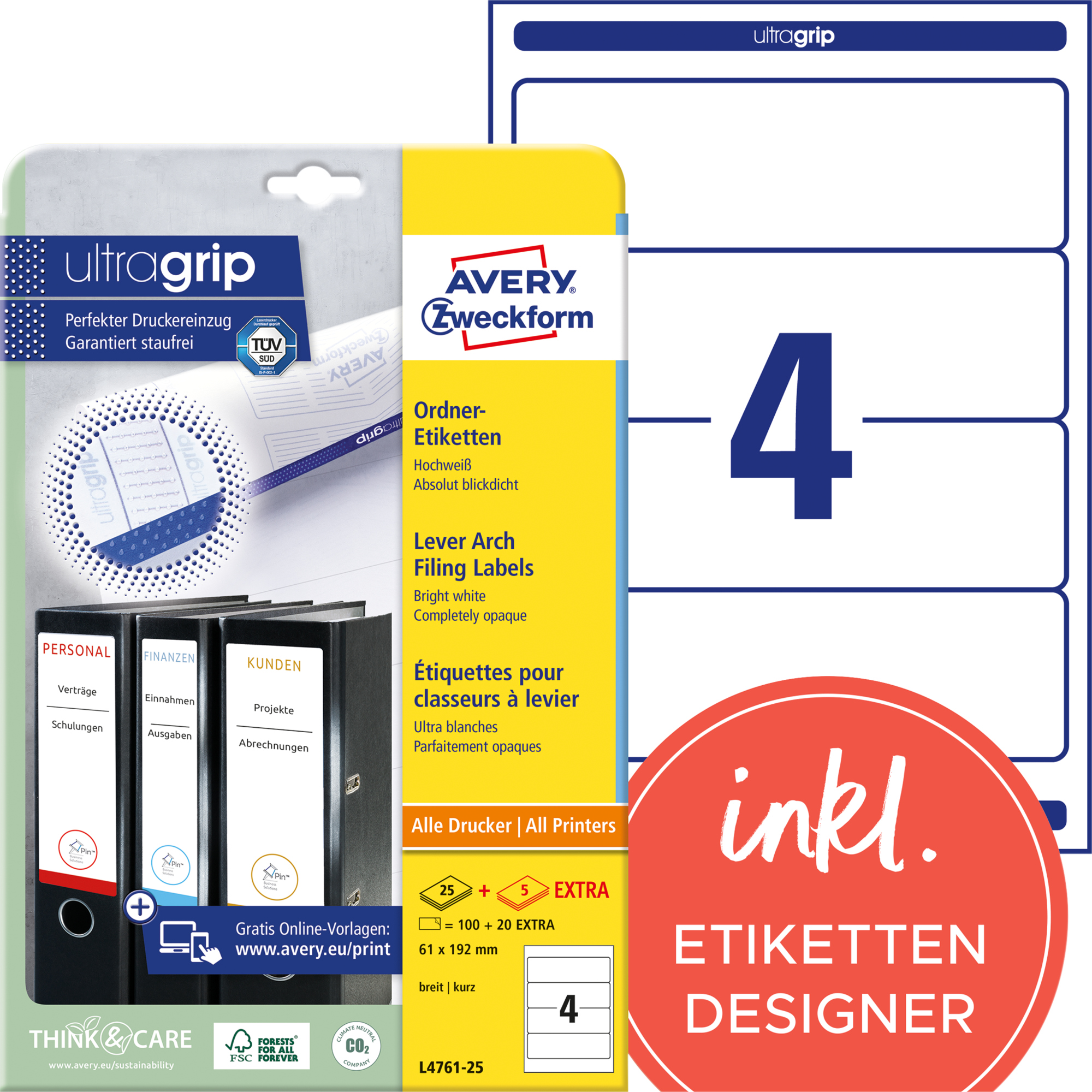 Avery Zweckform Ordnerrückenetikett ultragrip breit/kurz 61 x 192 mm (B x H) selbstklebend ohne Griffloch weiß 120 Etik./Pack.