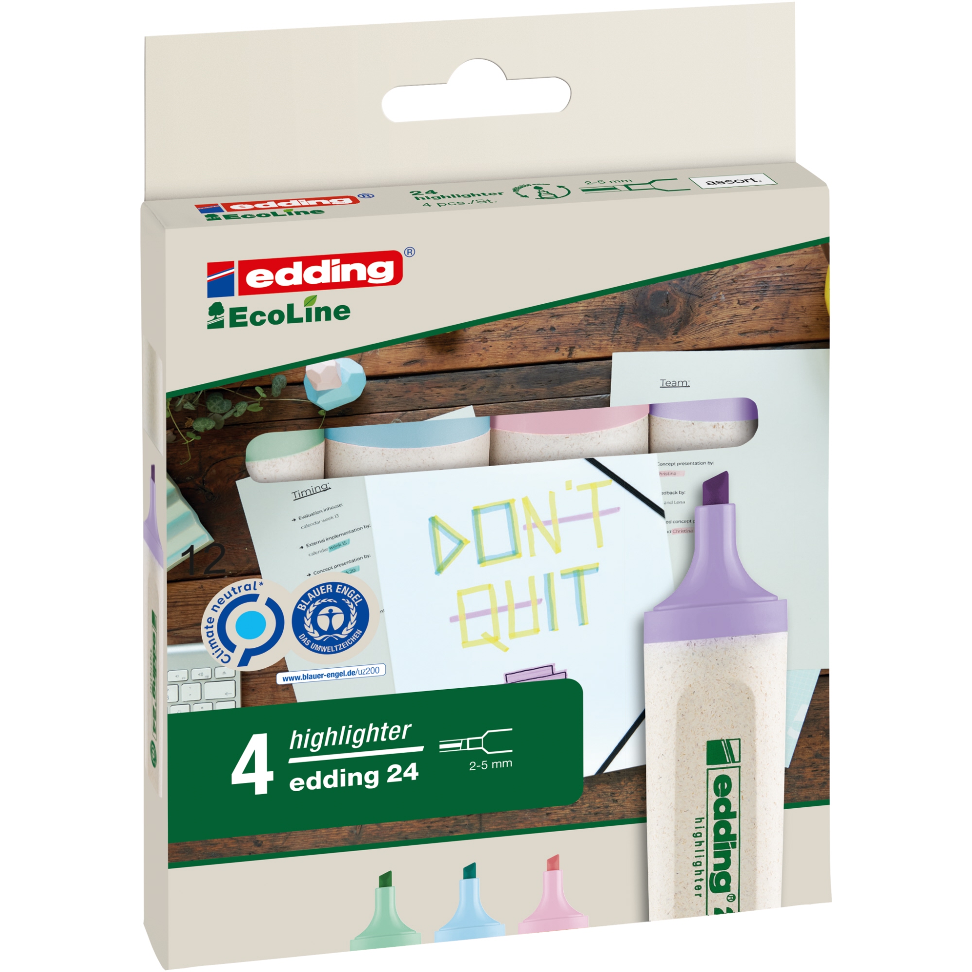 edding Textmarker Highlighter 24 EcoLine 2-5mm farbig sortiert Keilspitze 4 St./Pack.