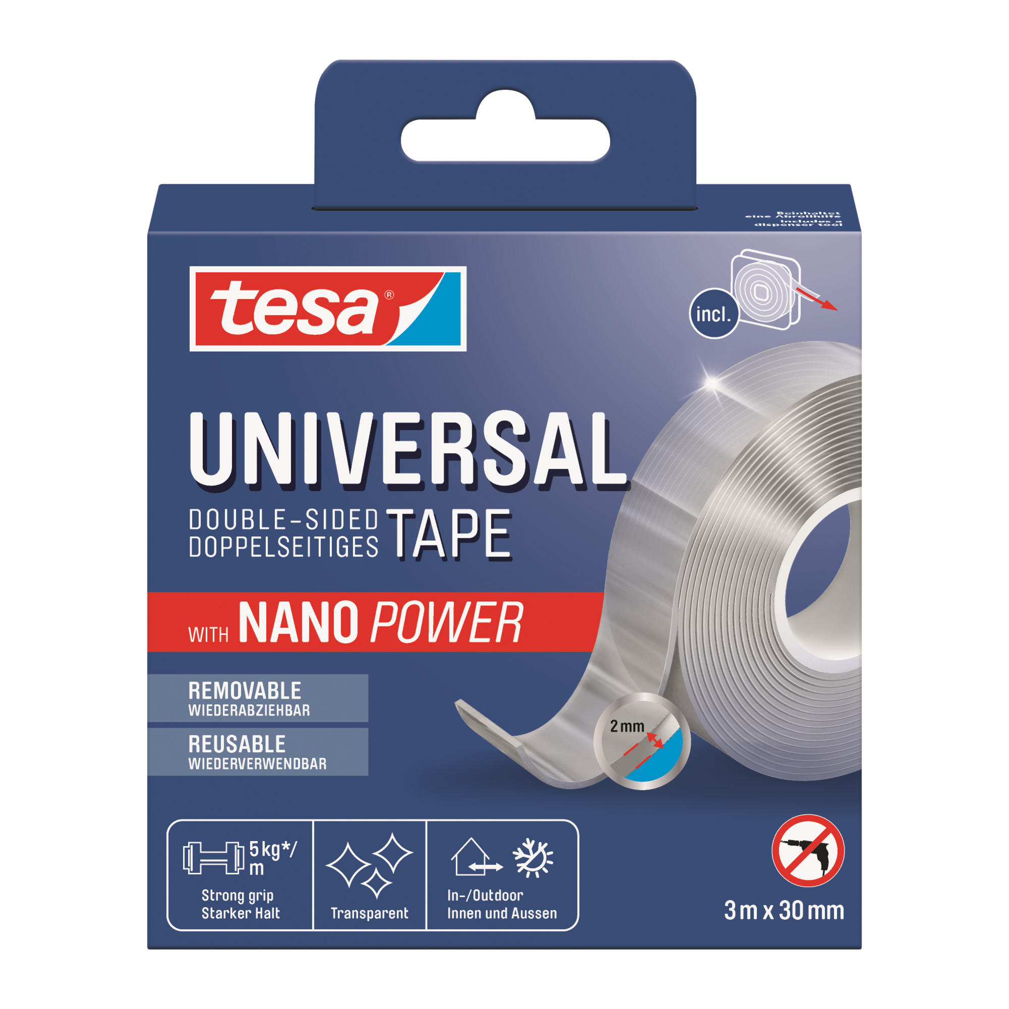 tesa® Montageklebeband Universal Nano-Power Innenbereich, Außenbereich 20 mm x 3 m (B x L) 5kg beidseitig klebend transparent
