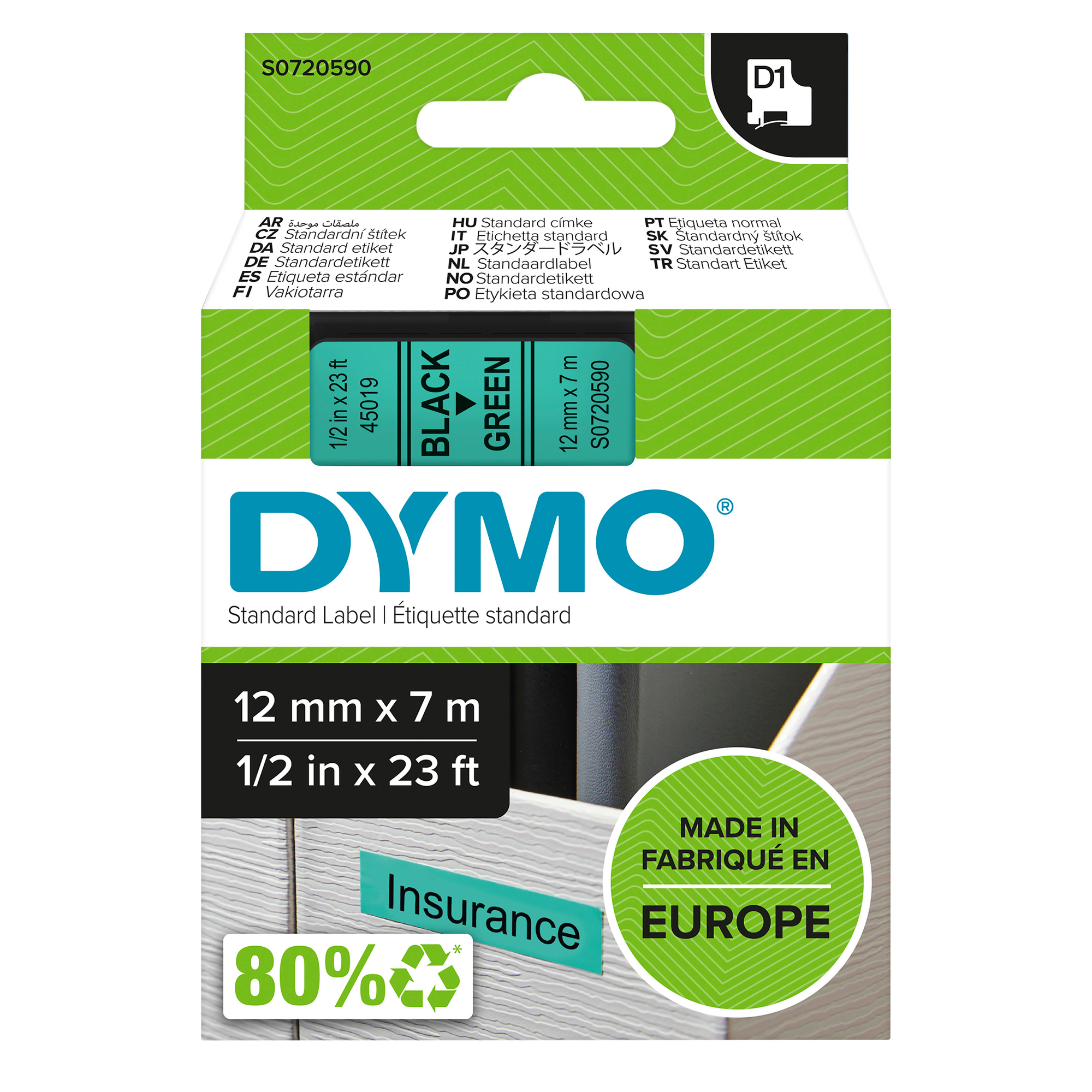 DYMO® Schriftbandkassette 12 mm x 7 m (B x L) grün schwarz