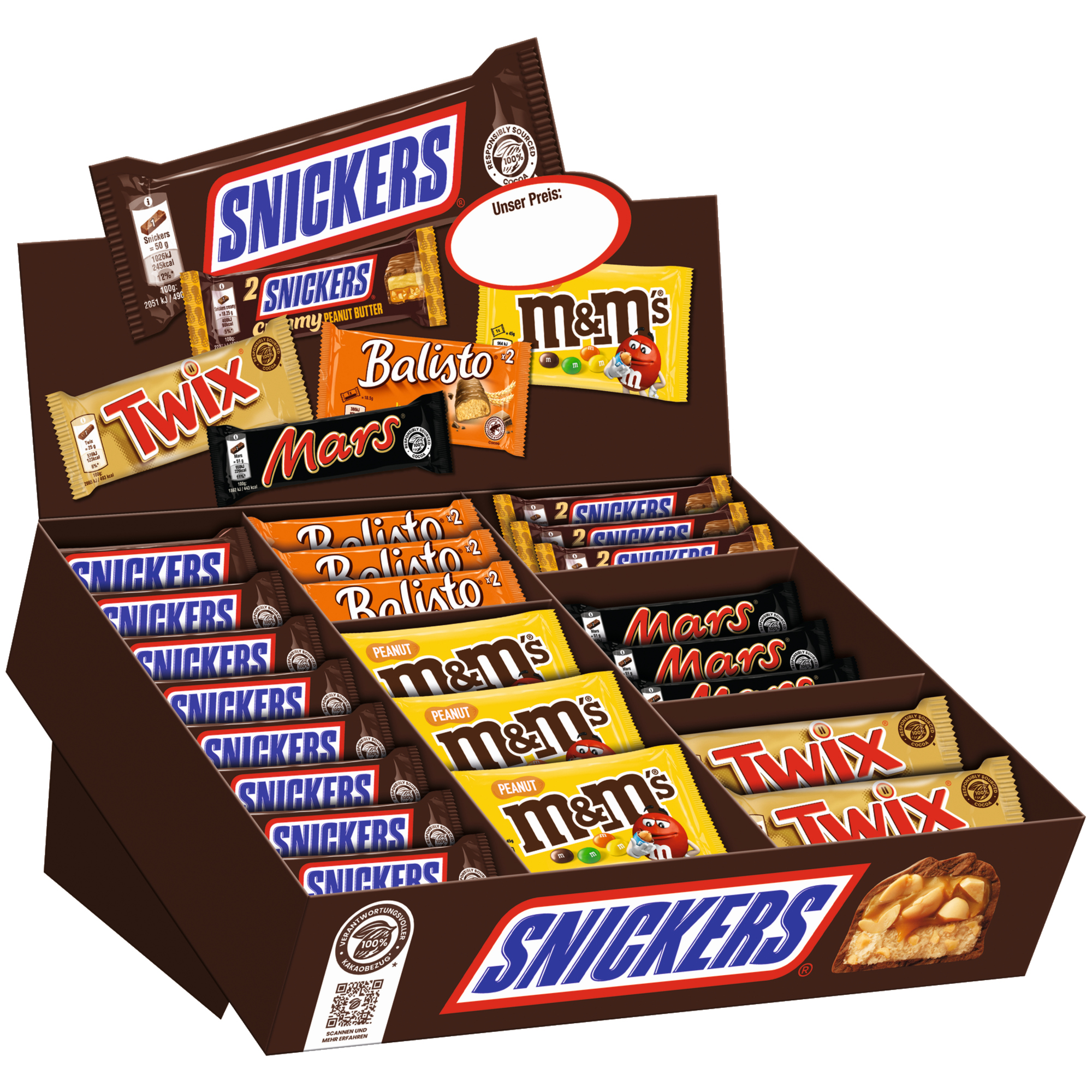 MARS® Schokoriegel Topseller Box 10 x Balisto Korn je 37 g, 12 x M Peanut je 45 g, 8 x Mars je 51 g, 26 x Snickers je 50 g, 8 x Twix je 50 g, 8 x Snickers Creamy Peanut Butter je 36,5 g 72 St./Pack.
