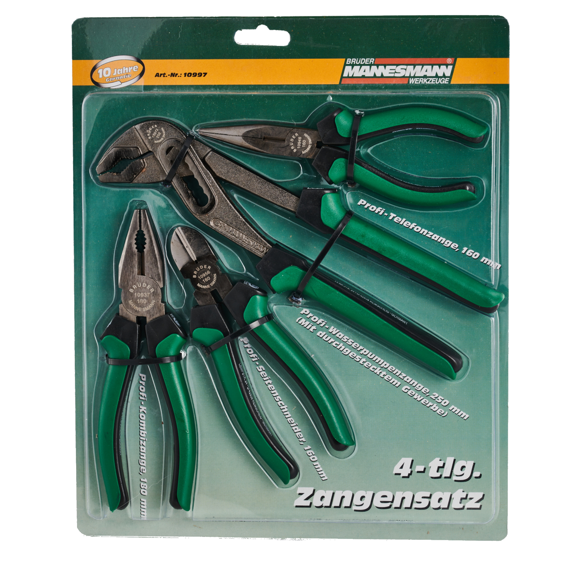 BRÜDER MANNESMANN Zangen-Set 4 Teile Telefonzange (160 mm), Wasserpumpenzange (250 mm), Seitenschneider (160 mm), Kombizange (180 mm) grün/schwarz