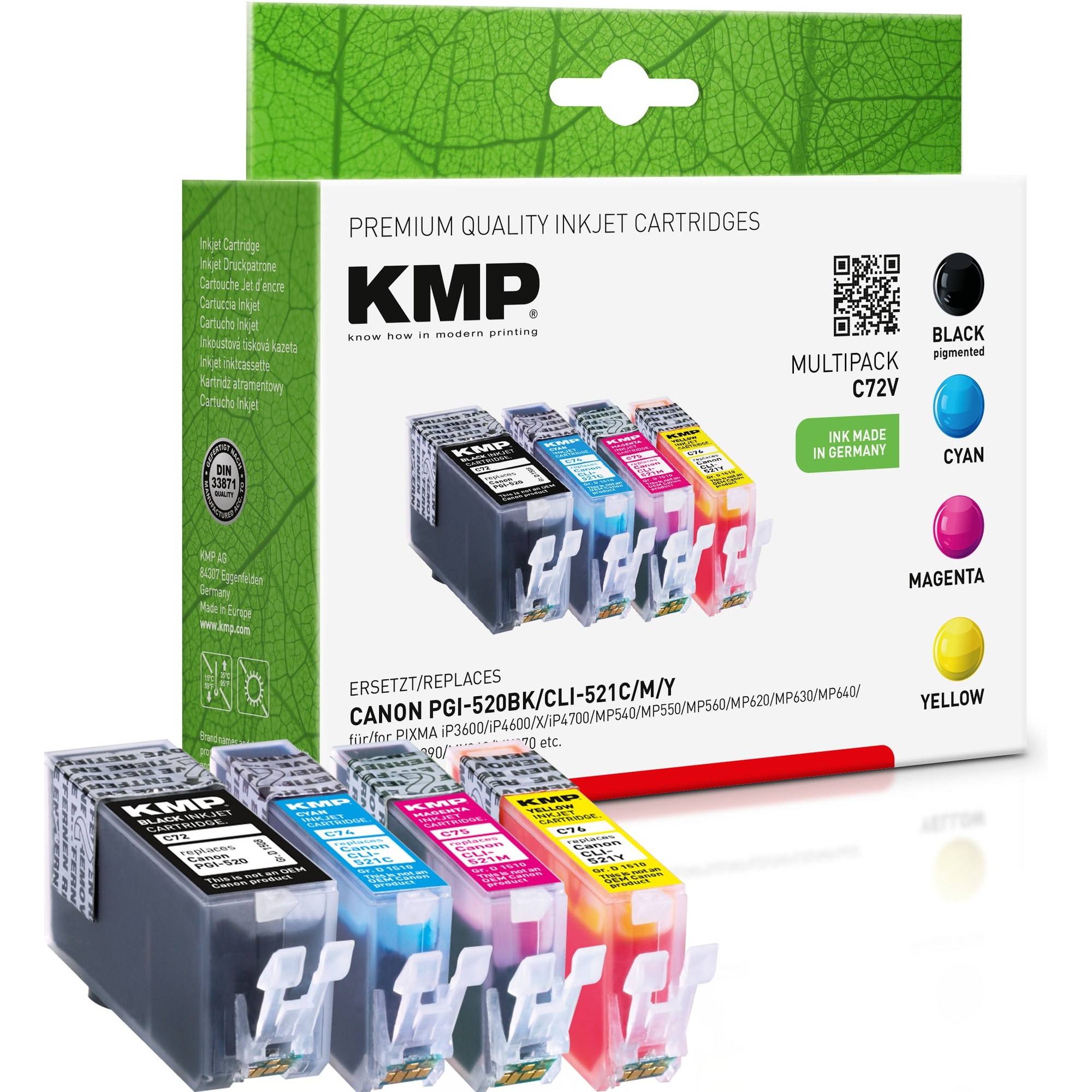 KMP Tintenpatrone kein Originalzubehör Kompatibel mit: Canon PGI520PGBK/CLI521C/CLI521M/CLI521Y C72V ca. 325 Seiten schwarz, ca. 535 Seiten cyan, ca. 510 Seiten magenta, ca. 530 Seiten gelb schwarz, mehrfarbig 4 St./Pack.