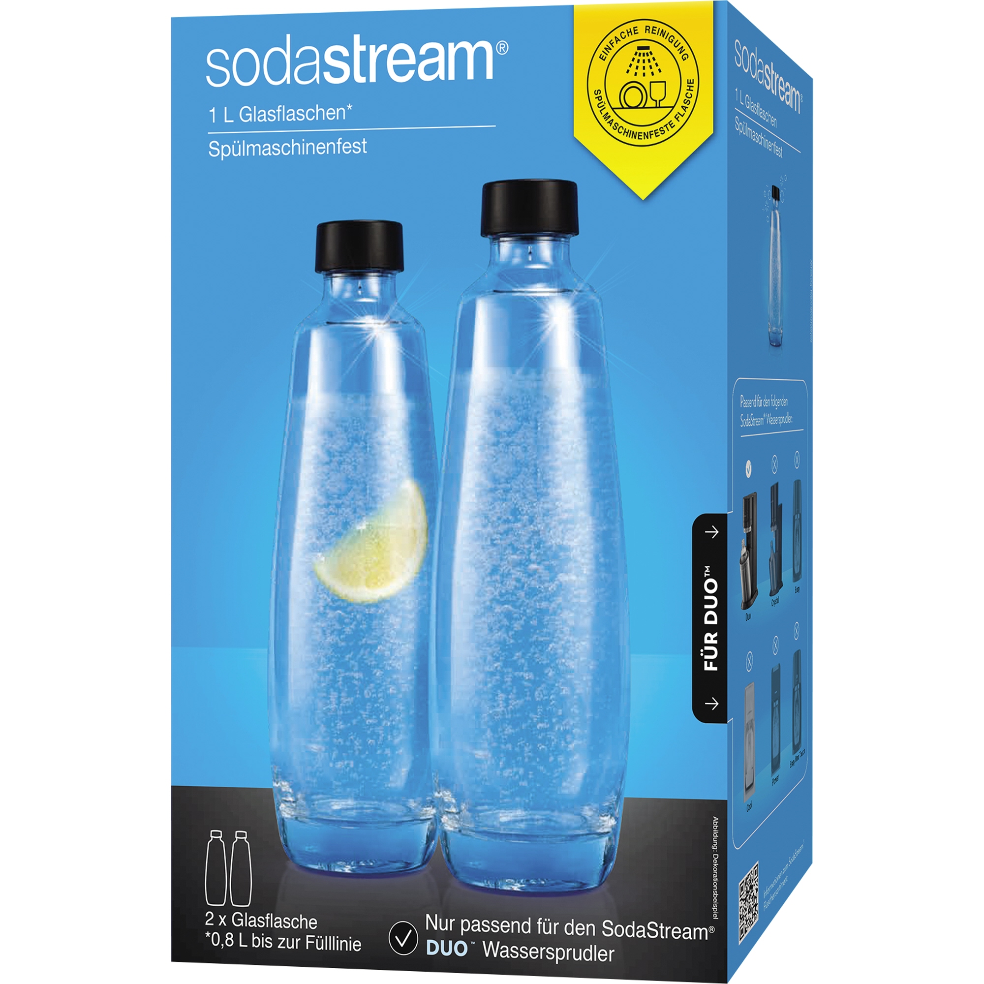 sodastream Sprudlerflaschen SODASTREAM Wassersprudler DUO Titan 1016812491 1 l, Fülllinie 0,84l spülmaschinengeeignet Glas 2 St./Pack.
