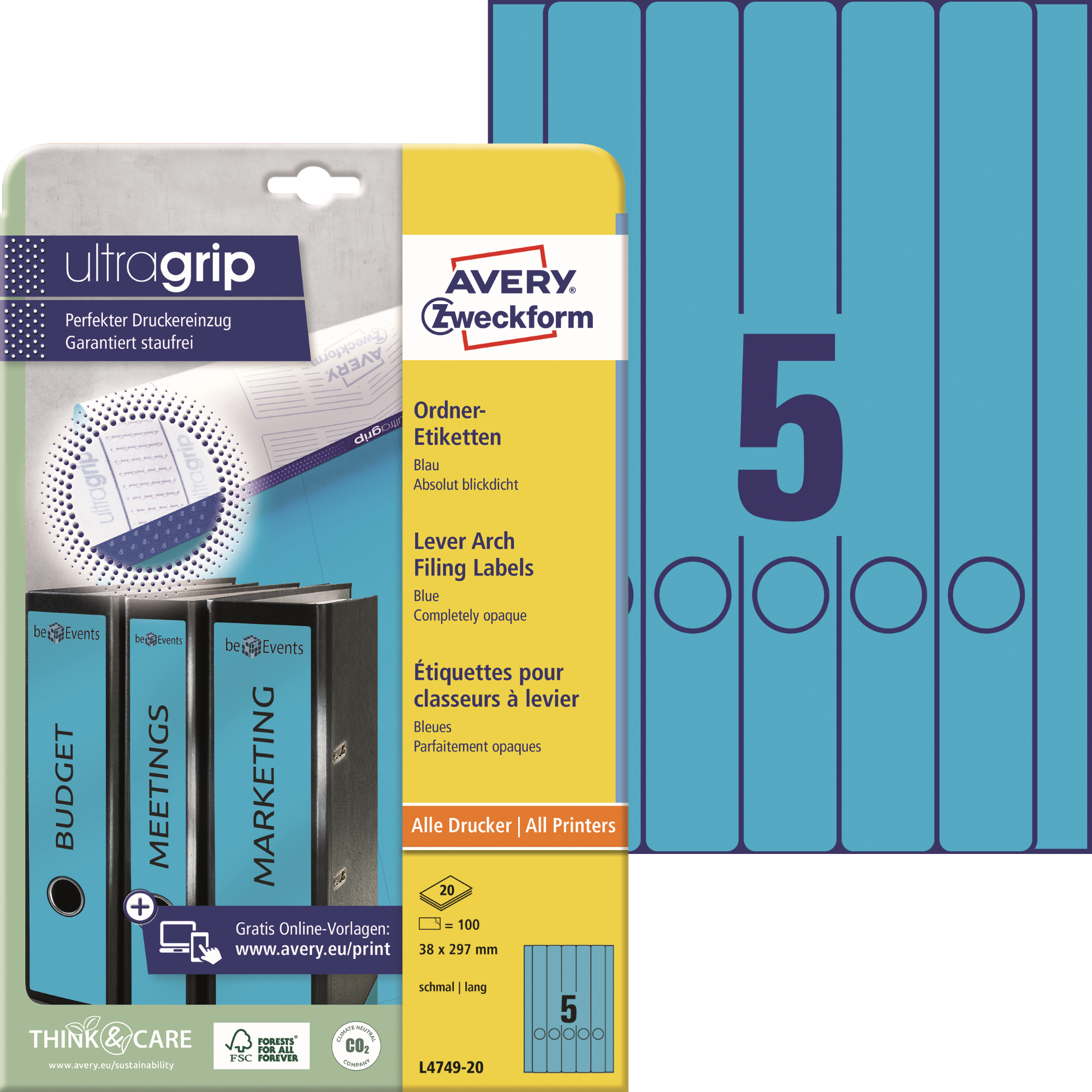 Avery Zweckform Ordnerrückenetikett ultragrip schmal/lang 38 x 297 mm (B x H) selbstklebend mit Griffloch blau 100 Etik./Pack.