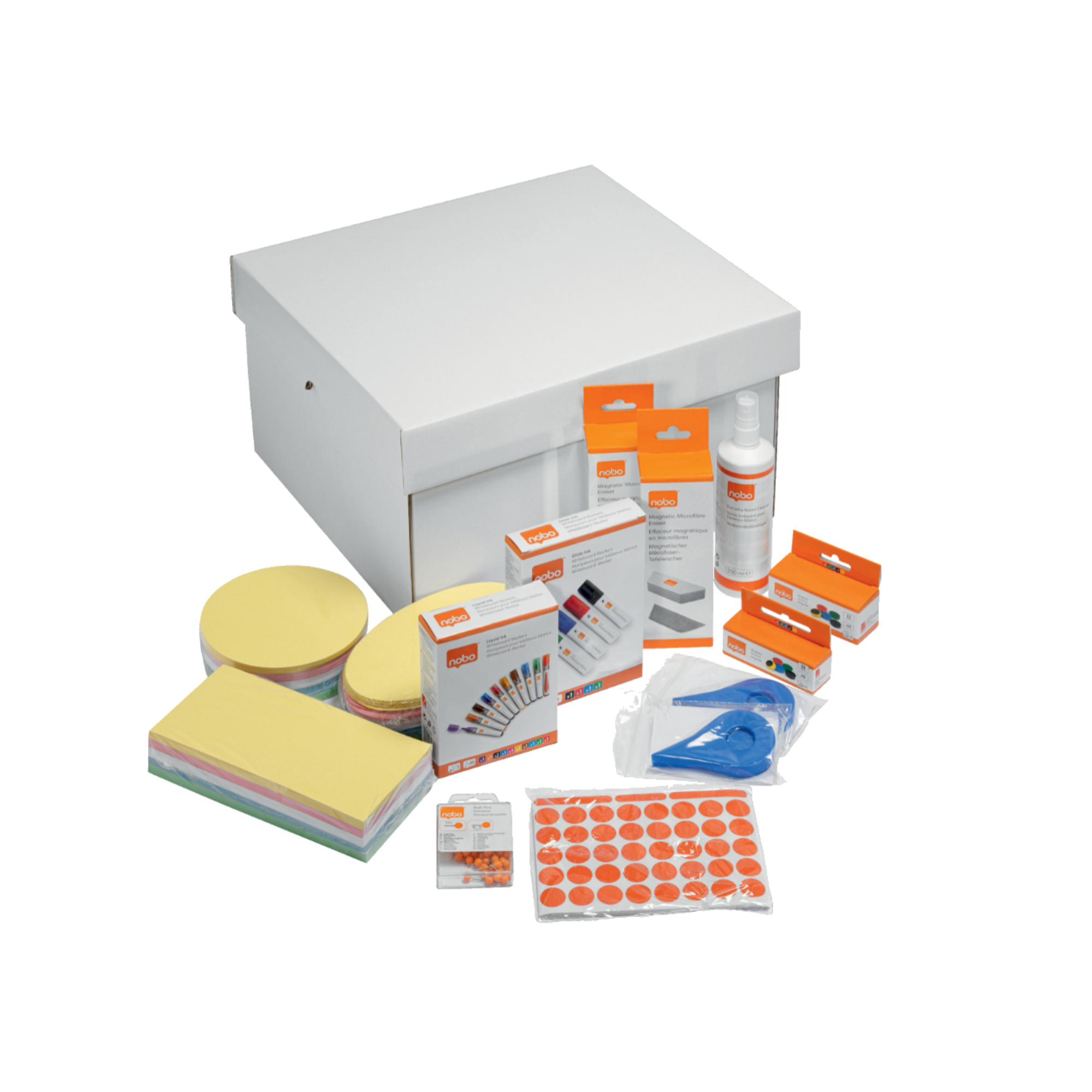 Nobo® Starterset Whiteboard Move & Meet Teamwork 14 Whiteboardmarker (farbig), 10 Magnete (Ø 32 mm farbig), 10 Magnete (Ø 24 mm farbig), 2 Tafelwischer, 1 Reinigungsspray, 2 Rasterbänder, 100 Pinnnadeln, 750 Moderationskarten (farbig), 1.040 Klebepunkte