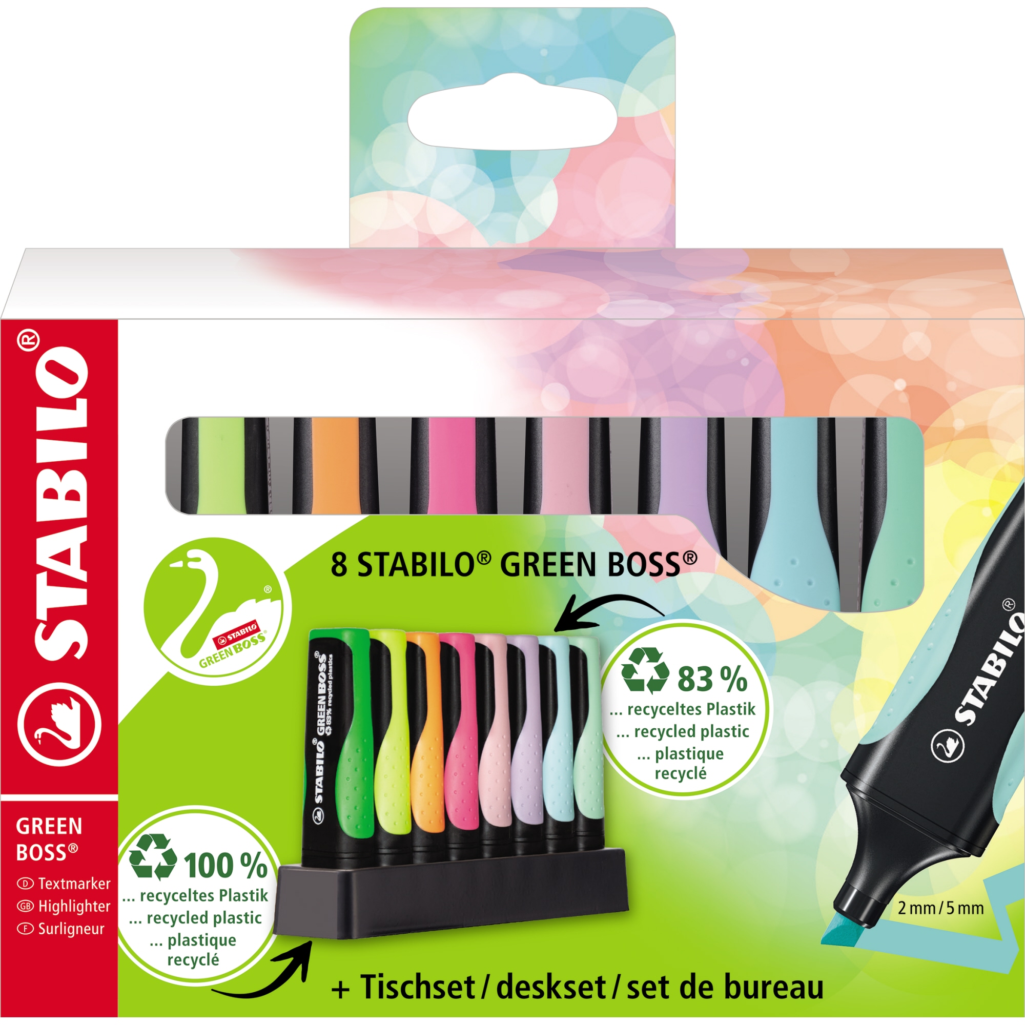 STABILO® Textmarker GREEN BOSS® 2-5mm farbig sortiert Keilspitze 8 St./Pack.