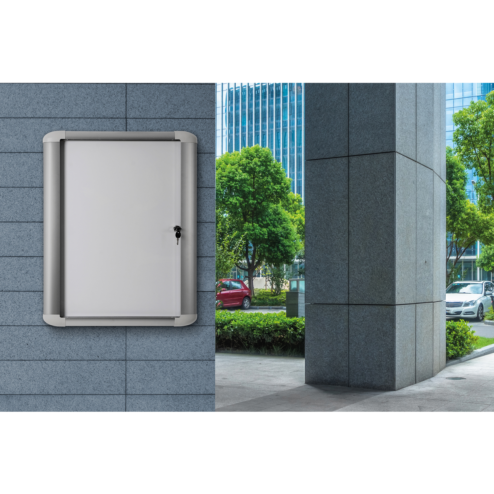 Bi-office Schaukasten Außenbereich 103,6 x 99,5 x 5,7 cm (B x H x T) 12 x DIN A4 mit Schloss Aluminium silber
