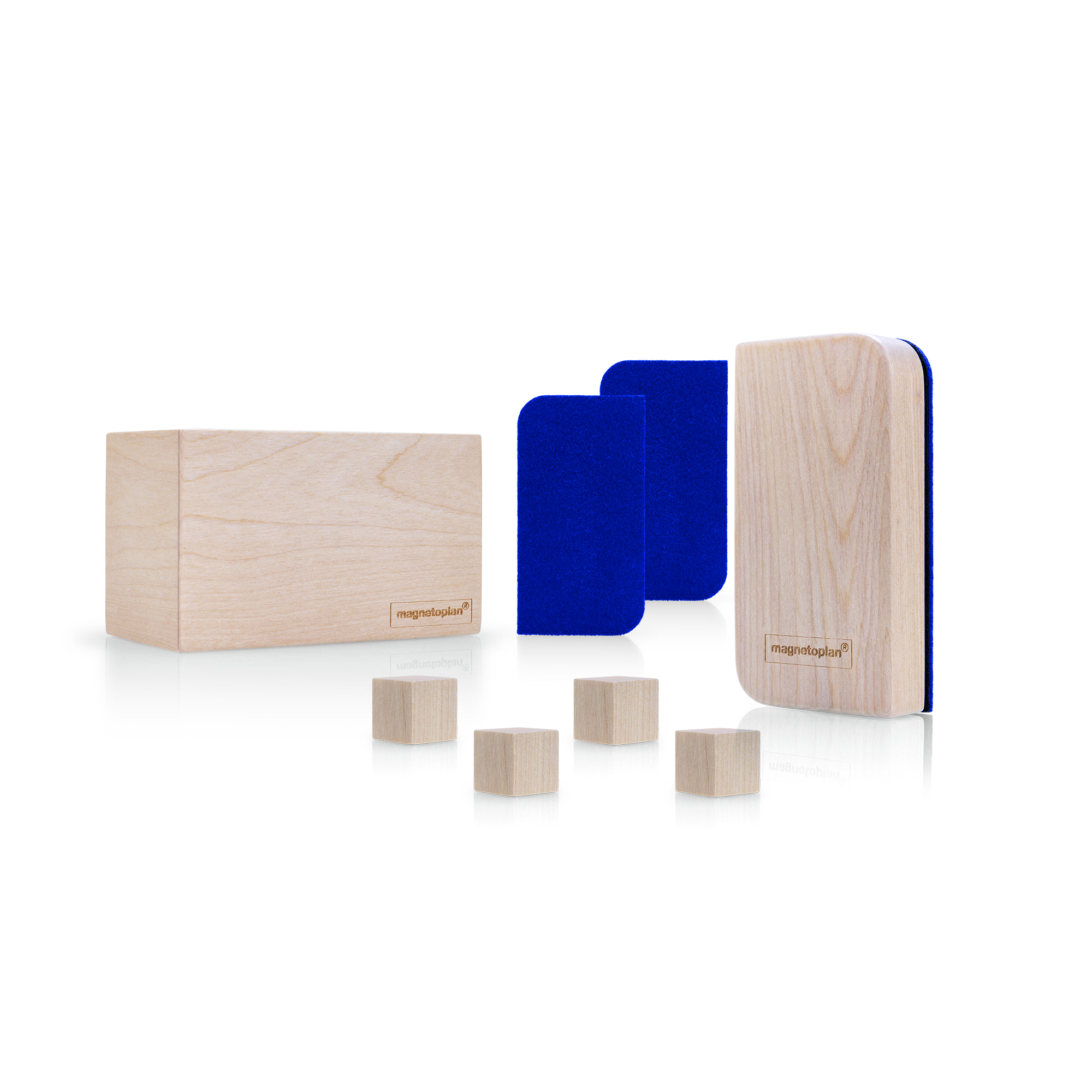 magnetoplan® Starterset Whiteboard Essentials Kit Wood Series 1 x Board Organizer, 1 x Tafellöscher inkl. 2 x Ersatzfilz, 4 x Design Magnets Wood Series, Cube, Birke, (20 x 20 x 20 mm)