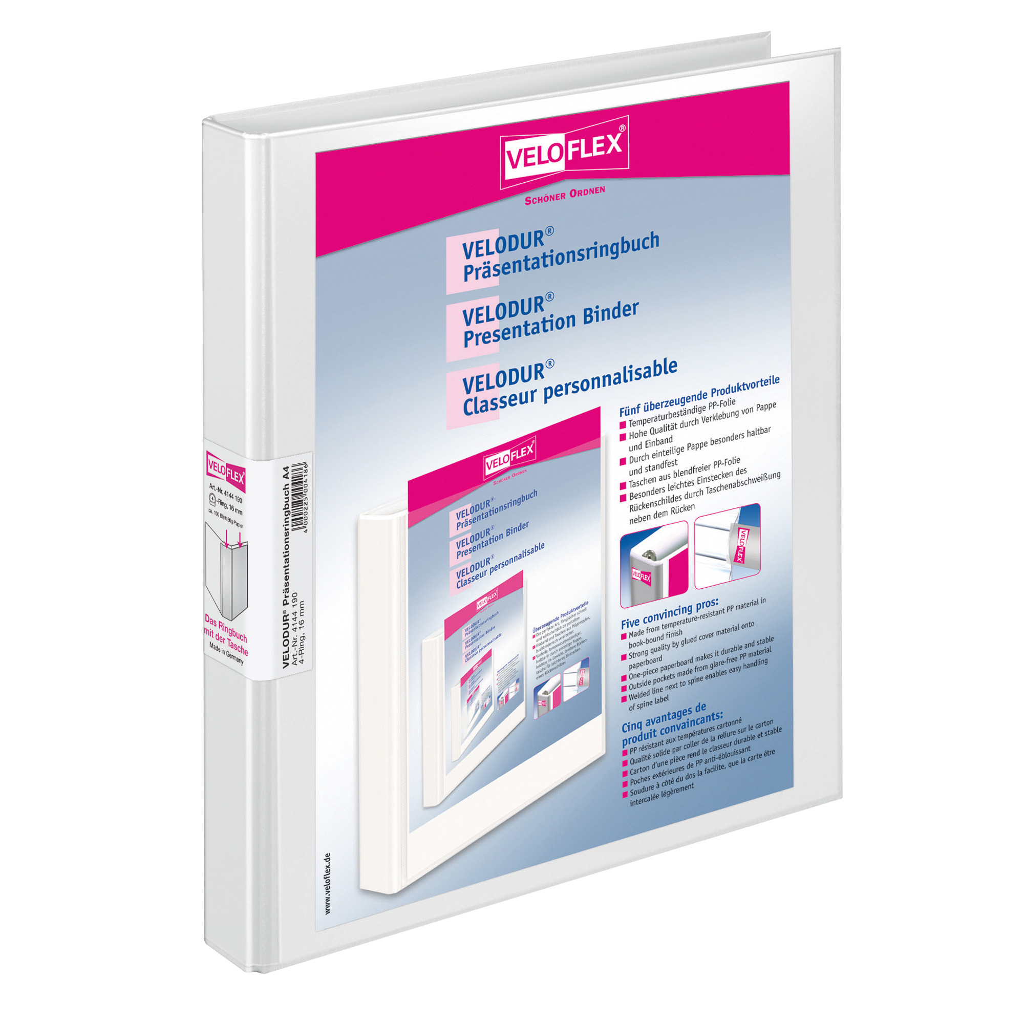 Veloflex Präsentationsringbuch VELODUR® 20mm DIN A4 4 Ringe, Rundmechanik Pappe weiß