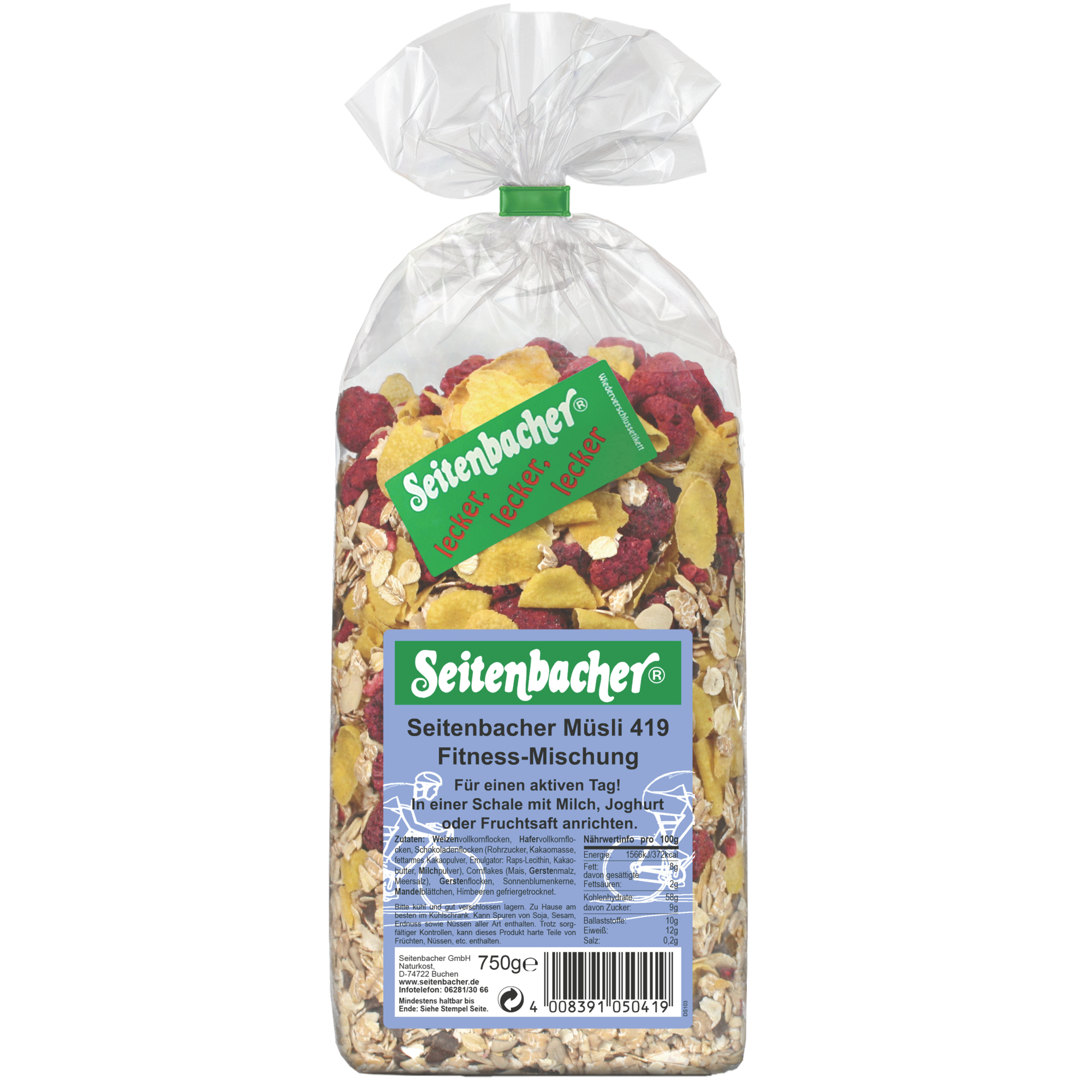 Seitenbacher Müsli Fitness Mischung 419 Vollkorn, Früchte, Schokolade 750 g/Pack.