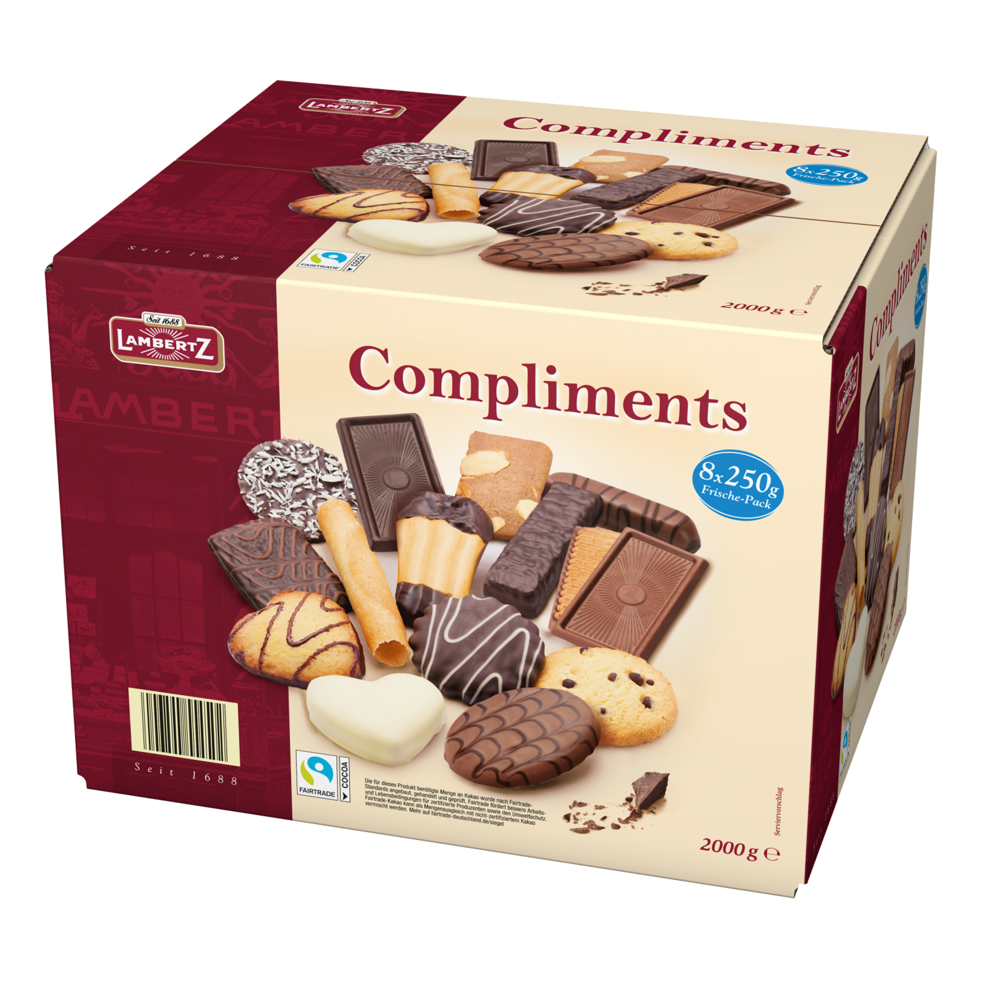 Lambertz Gebäckmischung Compliments Lambertissimo Limone, Divina, Craquer, Kaffeestäbchen, Butterherz mit Zartbitterschokolade, Sonnenkeks, Neapolitaner, Coco-Fleur, Karamellstäbchen, Nocciola, Donna Zartbitter, Chockies, Balena Karton 8 x 250 g/Pack.