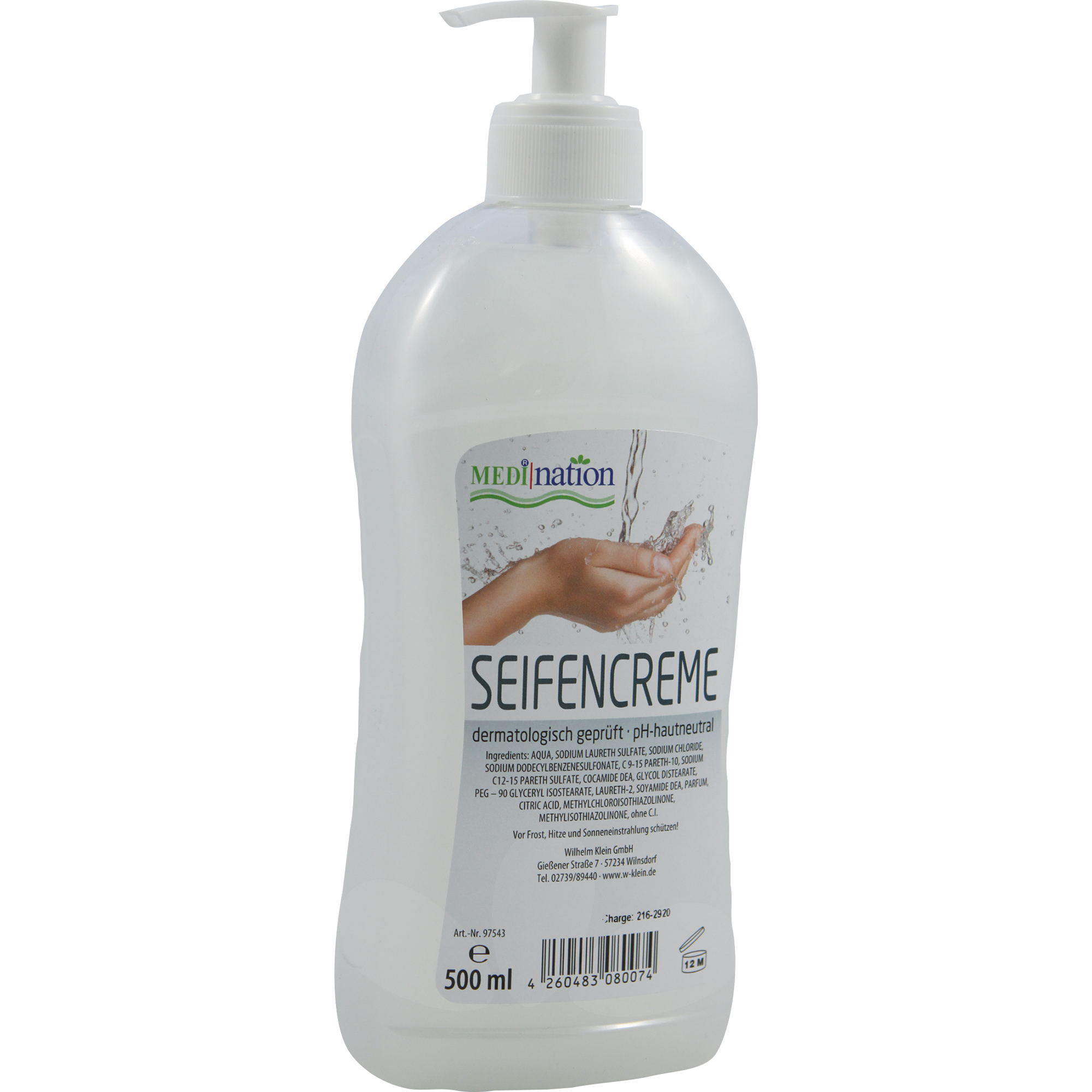 Medination Flüssigseife dermatologisch getestet pH-Wert: 4,1-5,8 Ausführung des Behälters: Pumpflasche Material des Behälters: Kunststoff 0,5l