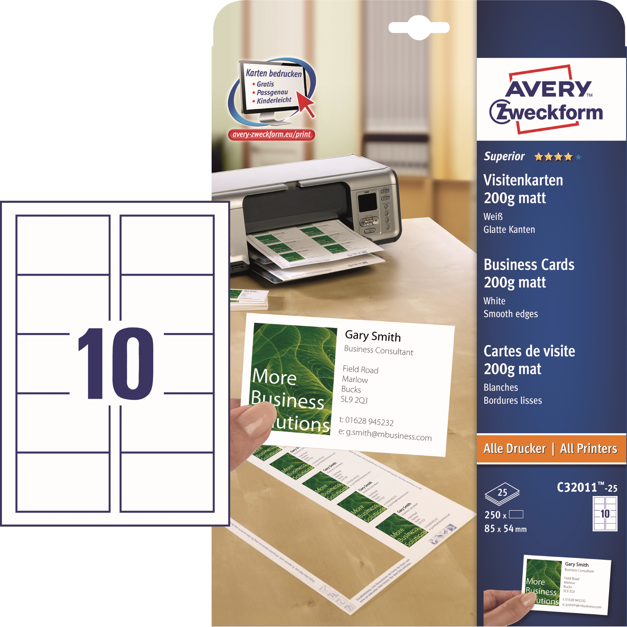 Avery Zweckform Visitenkarte Superior DIN A4 200g/m² weiß 25 Bl./Pack. 250 St./Pack.