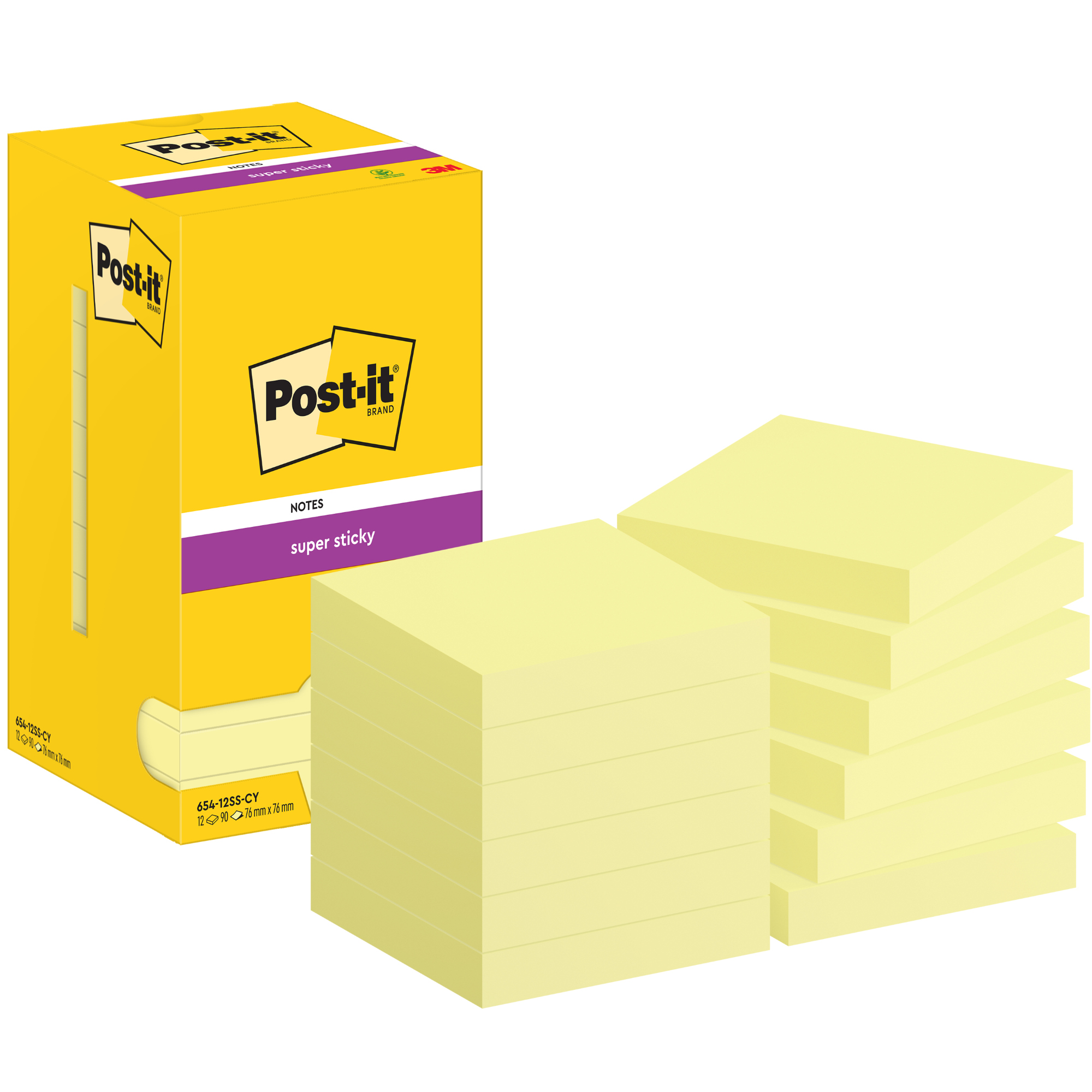 Post-it® Haftnotiz Super Sticky Notes 76 x 76 mm (B x H) gelb 90 Bl./Block 12 Block/Pack.