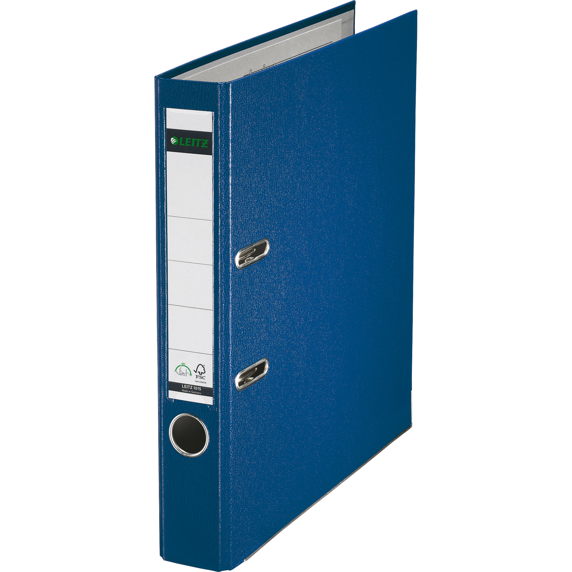 Leitz Ordner 52mm DIN A4 Rückenschild: einsteckbar mit Schlitzen Werkstoff: Graupappe, recycelt Material außen: Polypropylenfolie Material innen: Papier, PE beschichtet blau