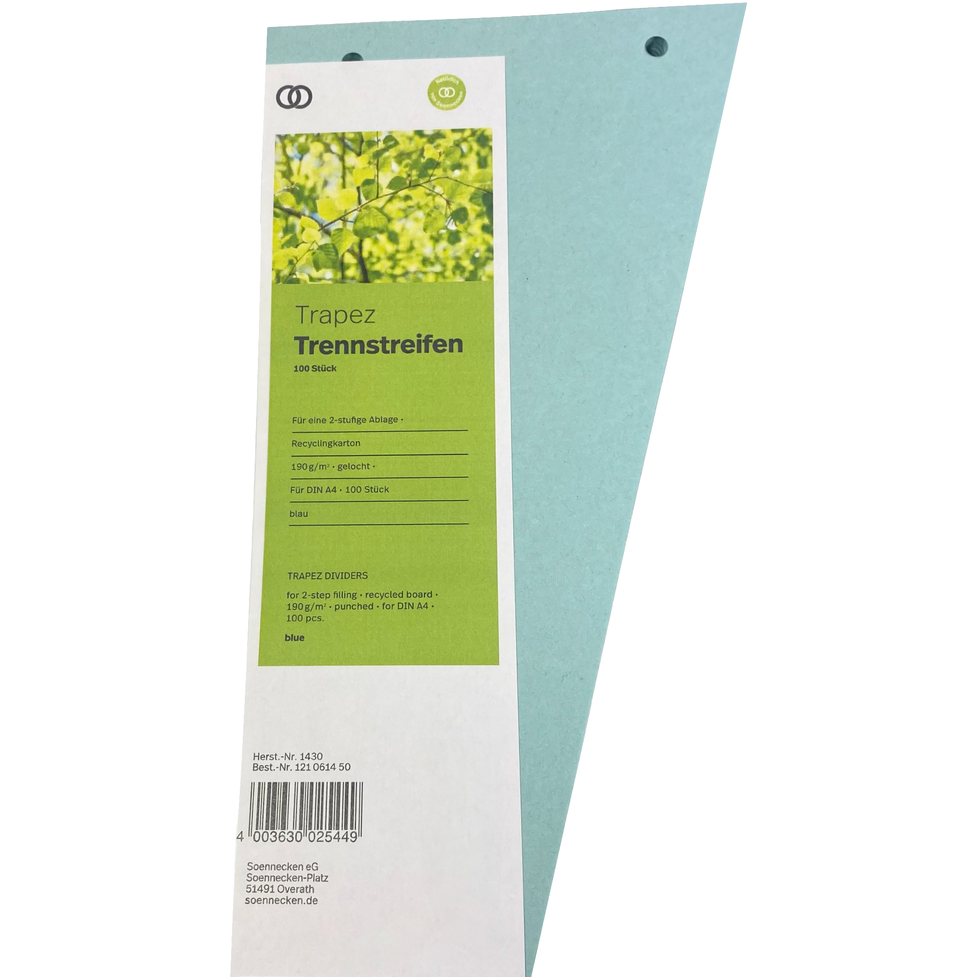 Soennecken Trennstreifen Trapez oeco 24 x 6,5-12,5 cm (B x H) 190g/m² Recyclingkarton blau 100 St./Pack.