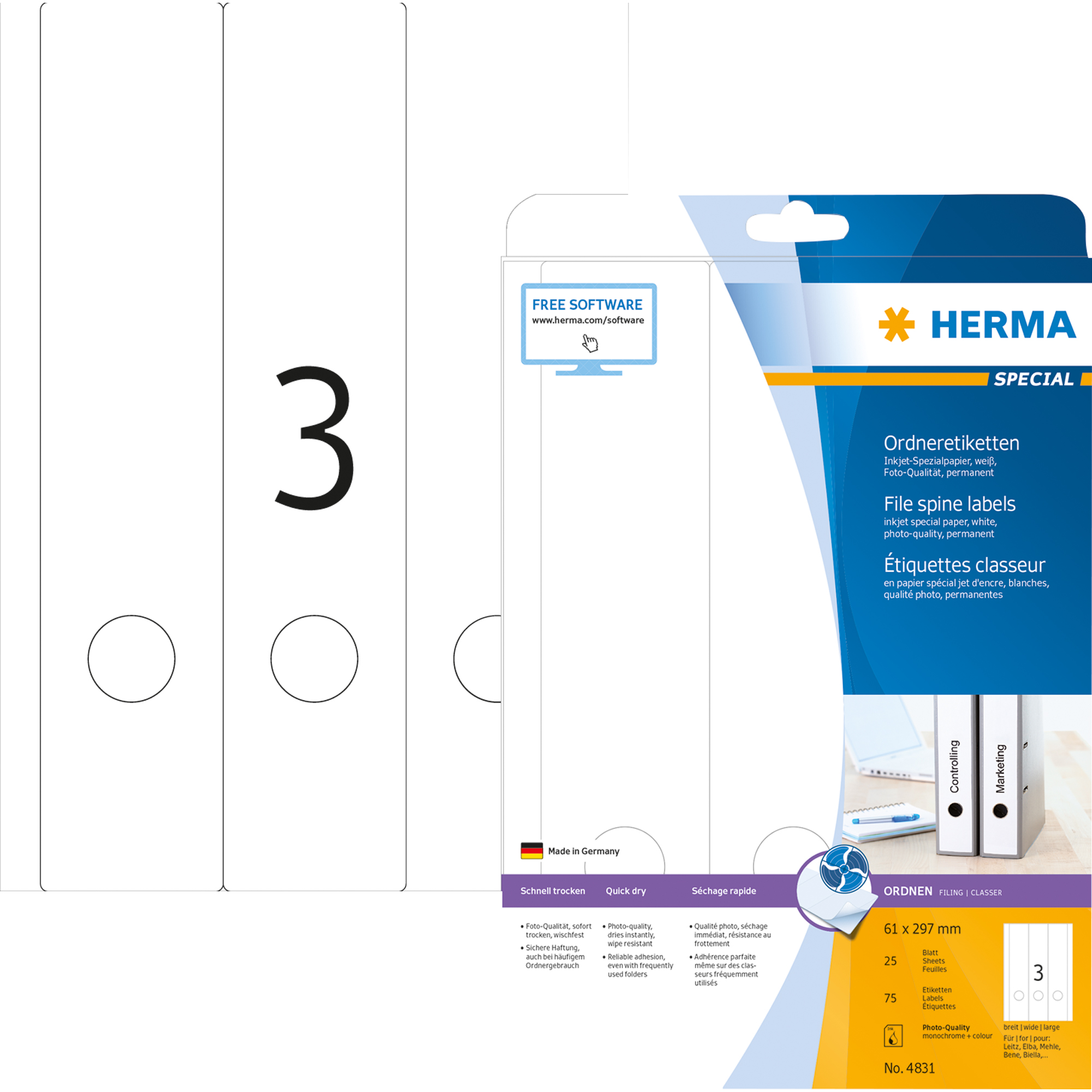 HERMA Ordnerrückenetikett SPECIAL breit/lang 61 x 297 mm (B x H) selbstklebend mit Griffloch weiß 75 Etik./Pack.