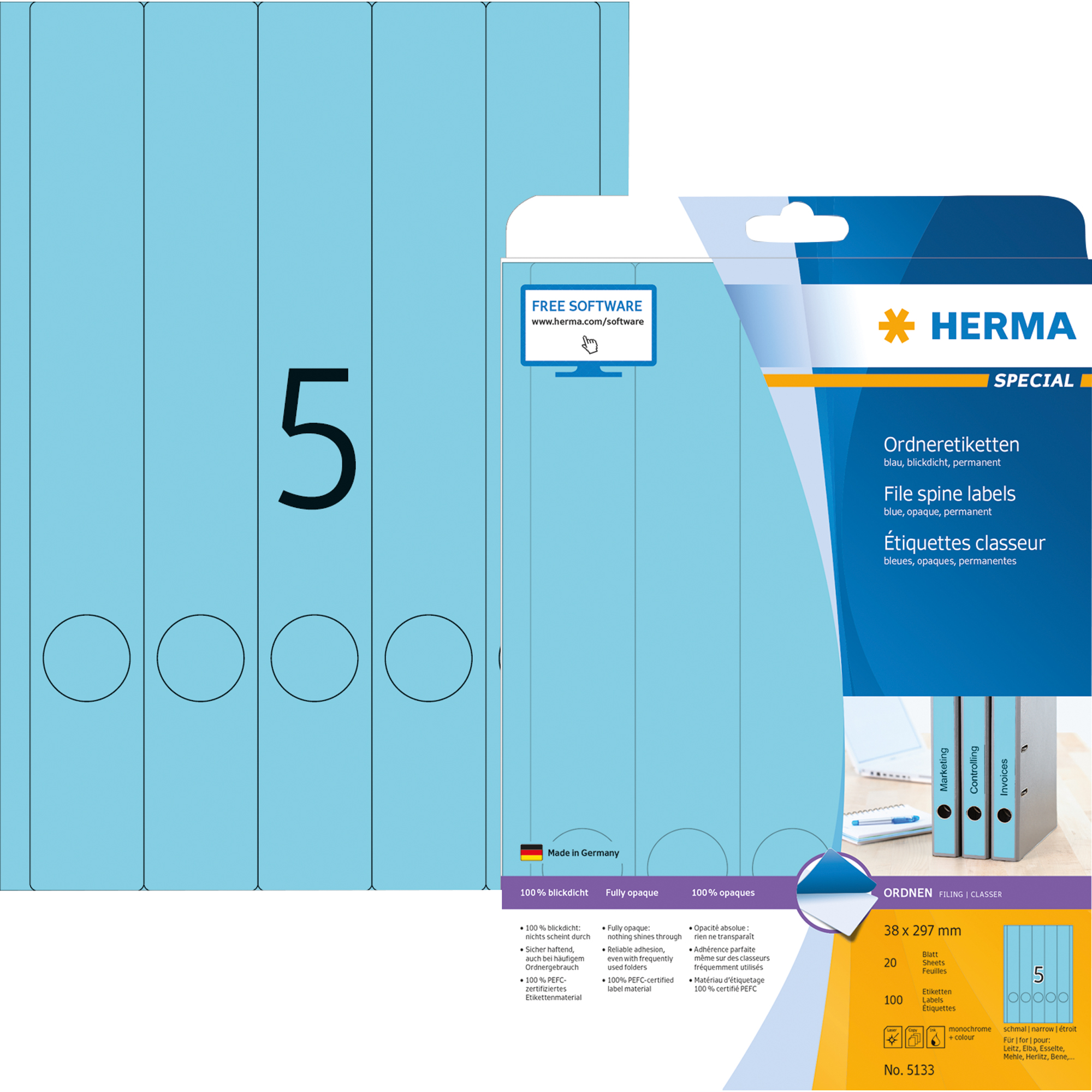 HERMA Ordnerrückenetikett schmal/lang 38 x 297 mm (B x H) selbstklebend mit Griffloch blau 100 Etik./Pack.