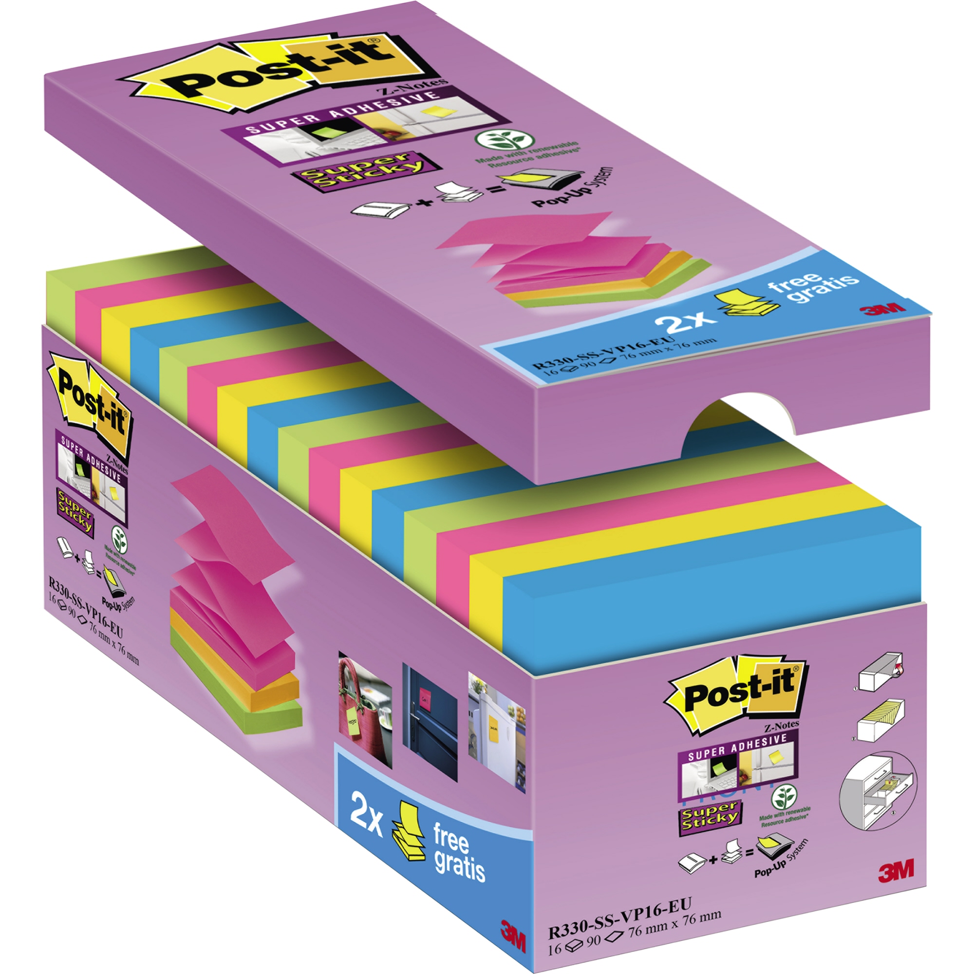 Post-it® Haftnotiz Super Sticky Z-Notes Promotion 76 x 76 mm (B x H) je 4 x immergrün, ultragelb, powerpink, paradiseblau 90 Bl./Block 16 Block/Pack.