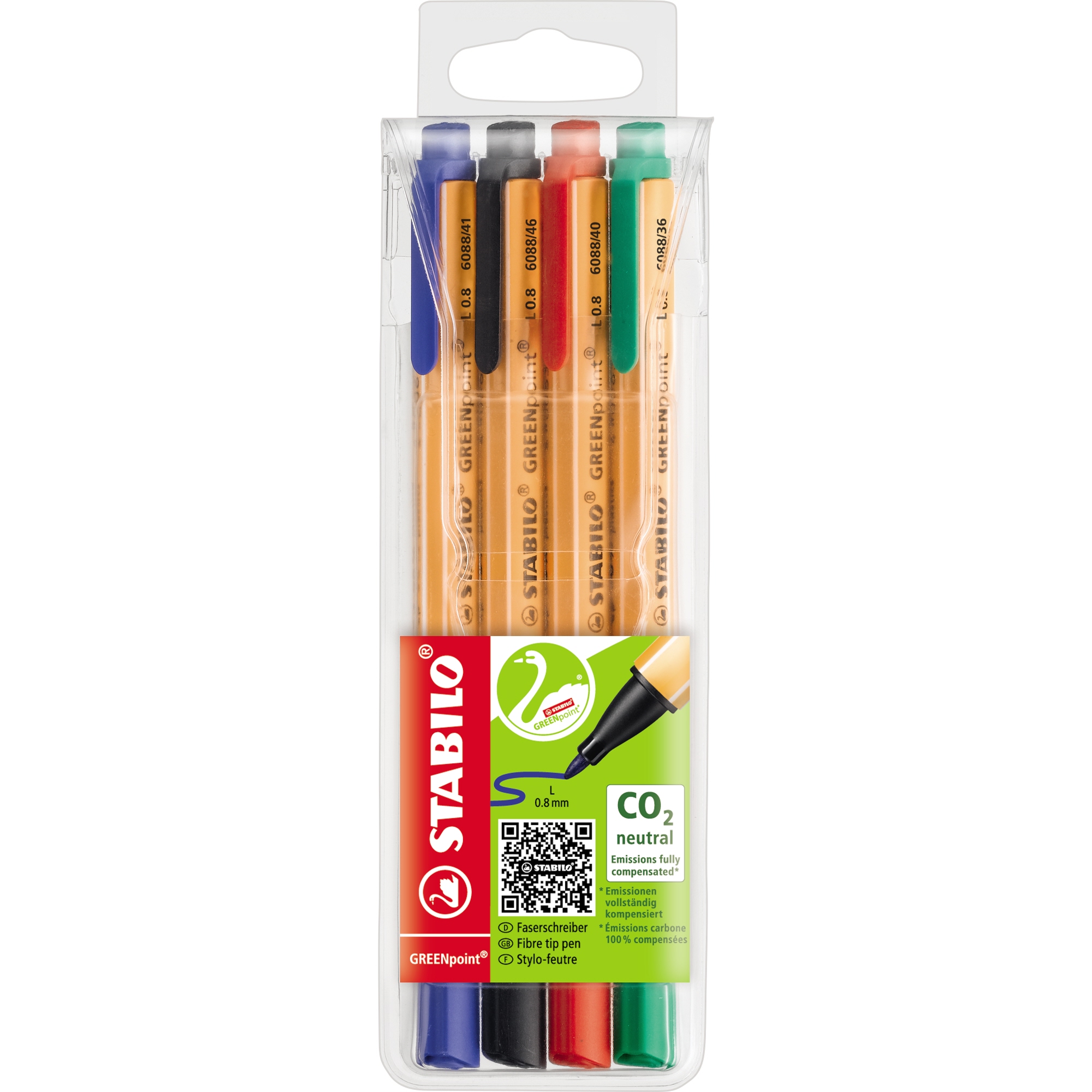 STABILO® Fasermaler GREENpoint® 0,8mm farbig sortiert nicht auswaschbar 4 St./Pack.