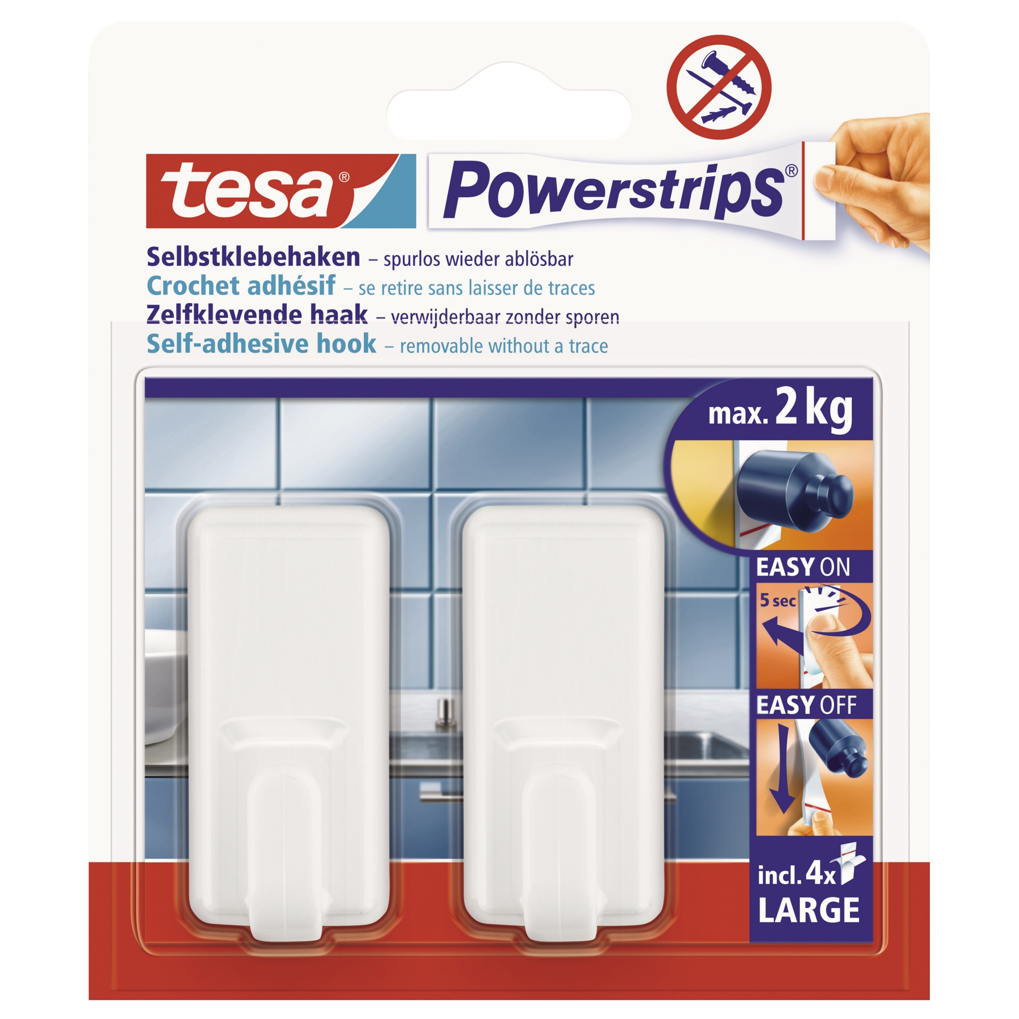 tesa® Haken Powerstrips® Large Classic Küche, Bad 28 x 59 x 23 mm (B x H x T) 2kg inkl. 4 Powerstrips® Large weiß 2 St./Pack.