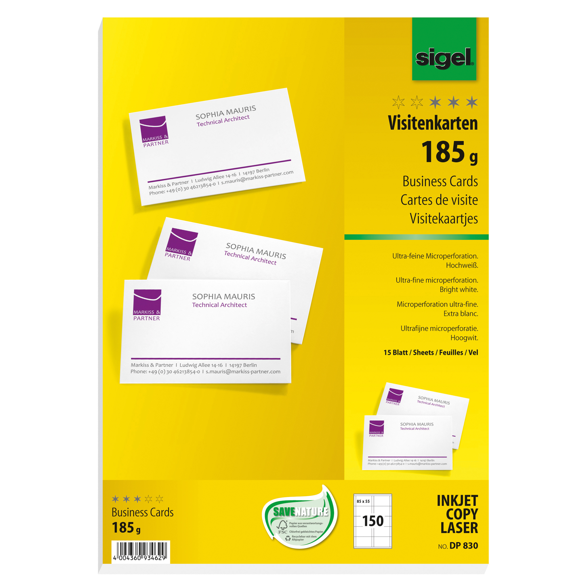 SIGEL Visitenkarte DIN A4 185g/m² hochweiß 15 Bl./Pack. 150 St./Pack.