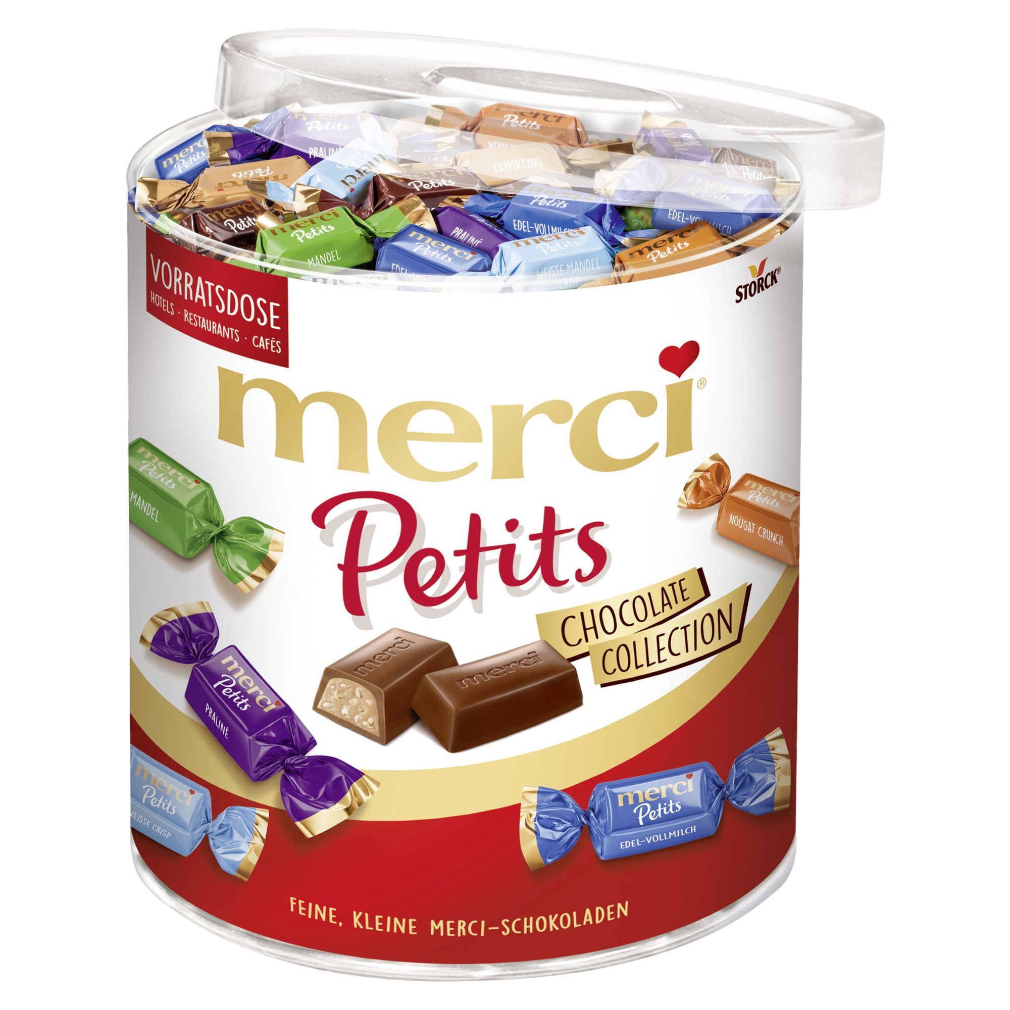 Merci Schokolade Petits Helle Sahne, Herbe Sahne, Mandel Sahne, Kaffee Sahne, Edel-Nougat, Praliné Sahne, Dunkle Mousse 1.000 g/Pack.