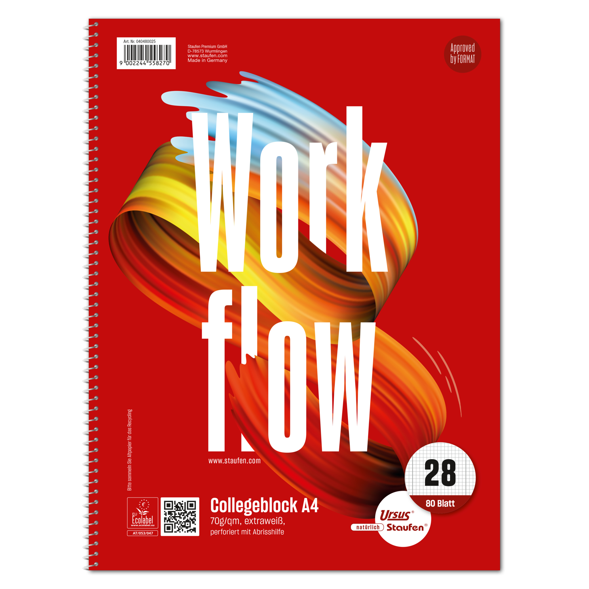 Staufen Collegeblock Style Work flow DIN A4 kariert mit Rand innen/außen 70g/m² rot 80 Bl.