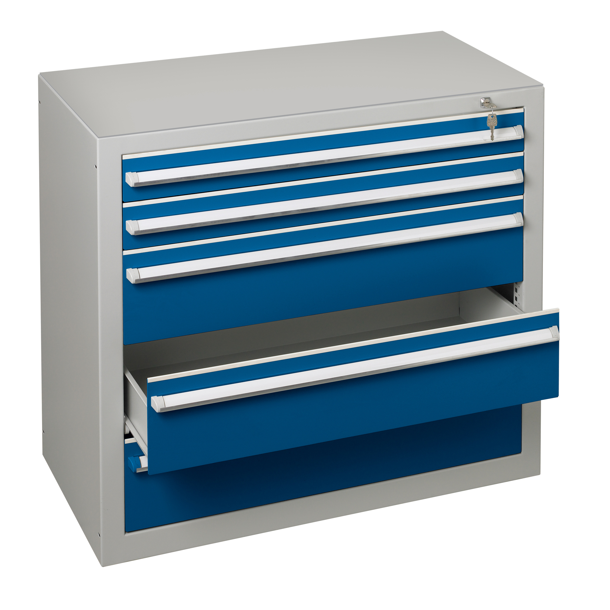 SCHULTE Schubladenschrank 1.000 x 900 x 500 mm (B x H x T) 5 Schubladen Stahl Farbe der Front: blau Farbe des Korpus: lichtgrau