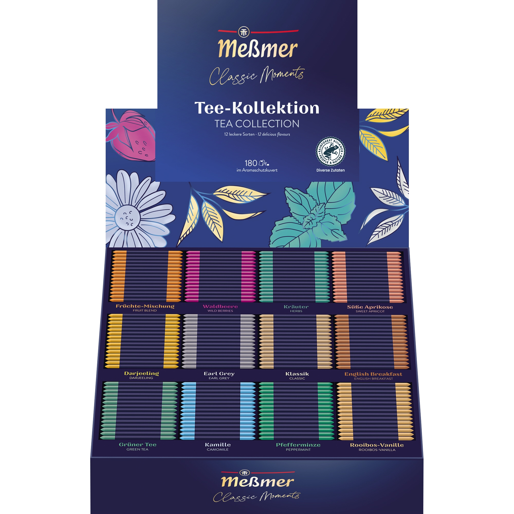Meßmer Tee Collection Box Darjeeling, Earl Grey, Klassik, English Breakfast, Grüner Tee, Kamille, Pfefferminze, Rooibos-Vanille, Früchte-Mischung, Waldbeere, Kräuter, Süsse Aprikose 180 Btl./Pack.