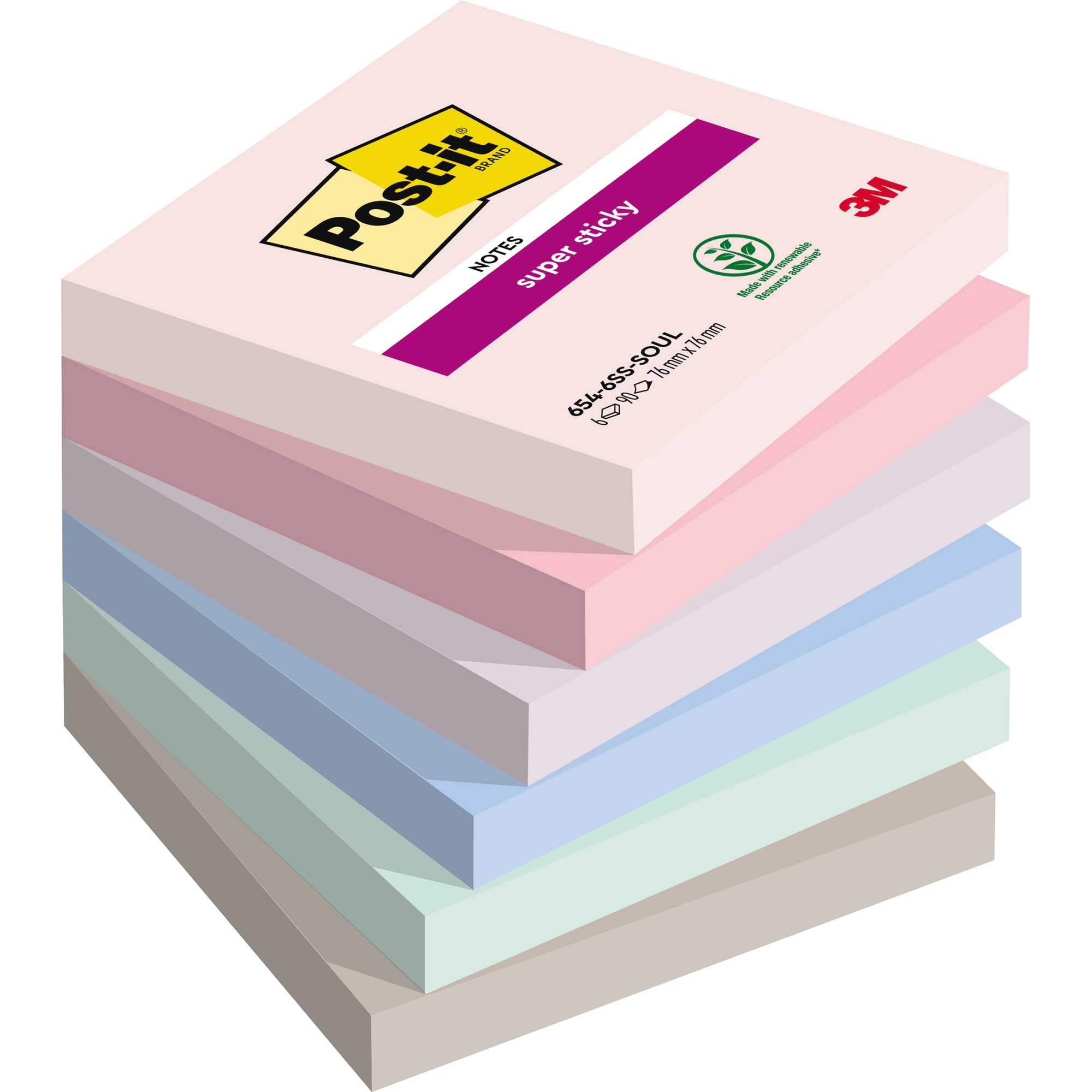 Post-it® Haftnotiz Super Sticky Notes Soulful Collection 76 x 76 mm (B x H) rosa, flamingopink, flieder, denimblau, mint, grau 90 Bl./Block 6 Block/Pack.